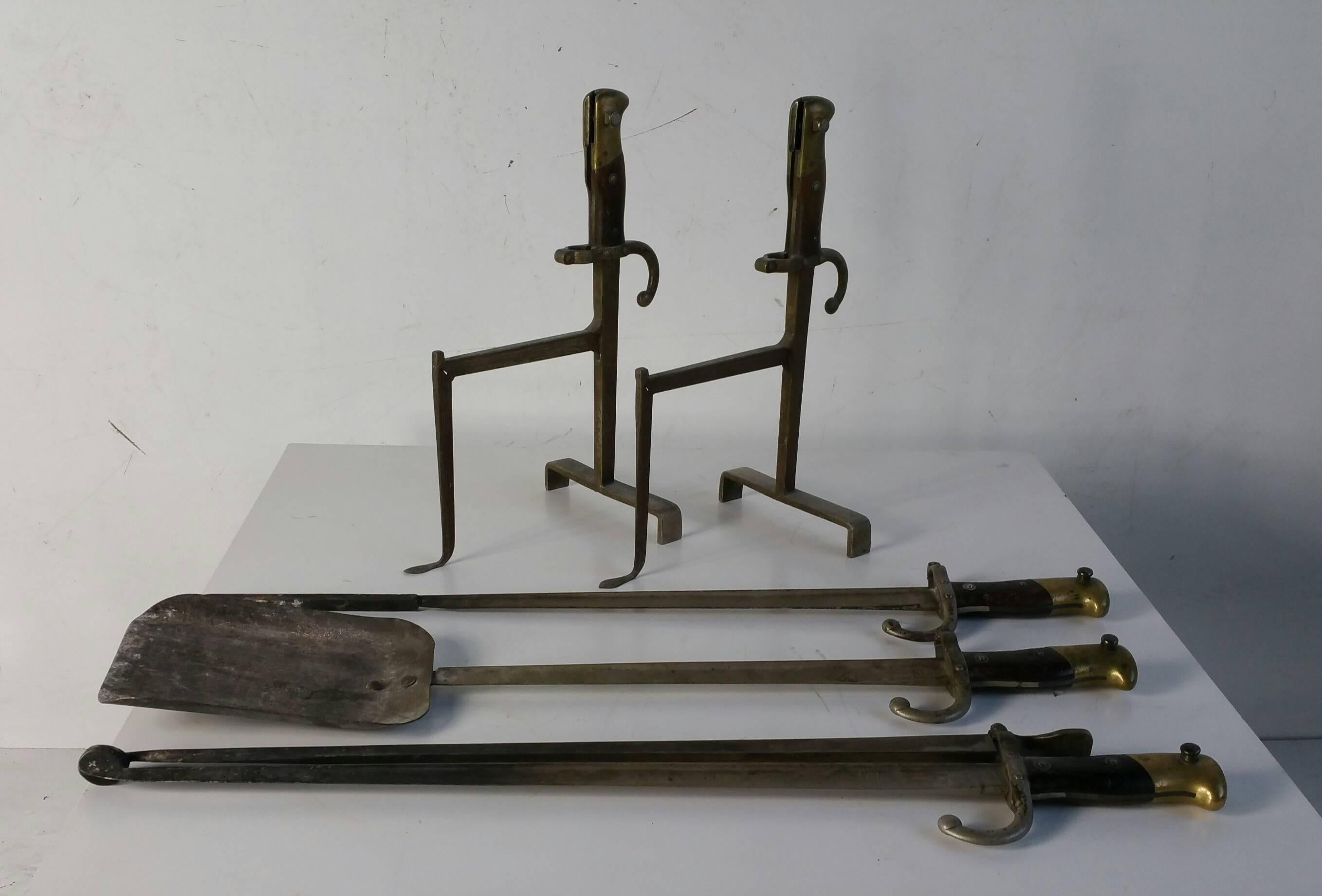 American Set of Three French Bayonet Forged Fire Tools and Andirons