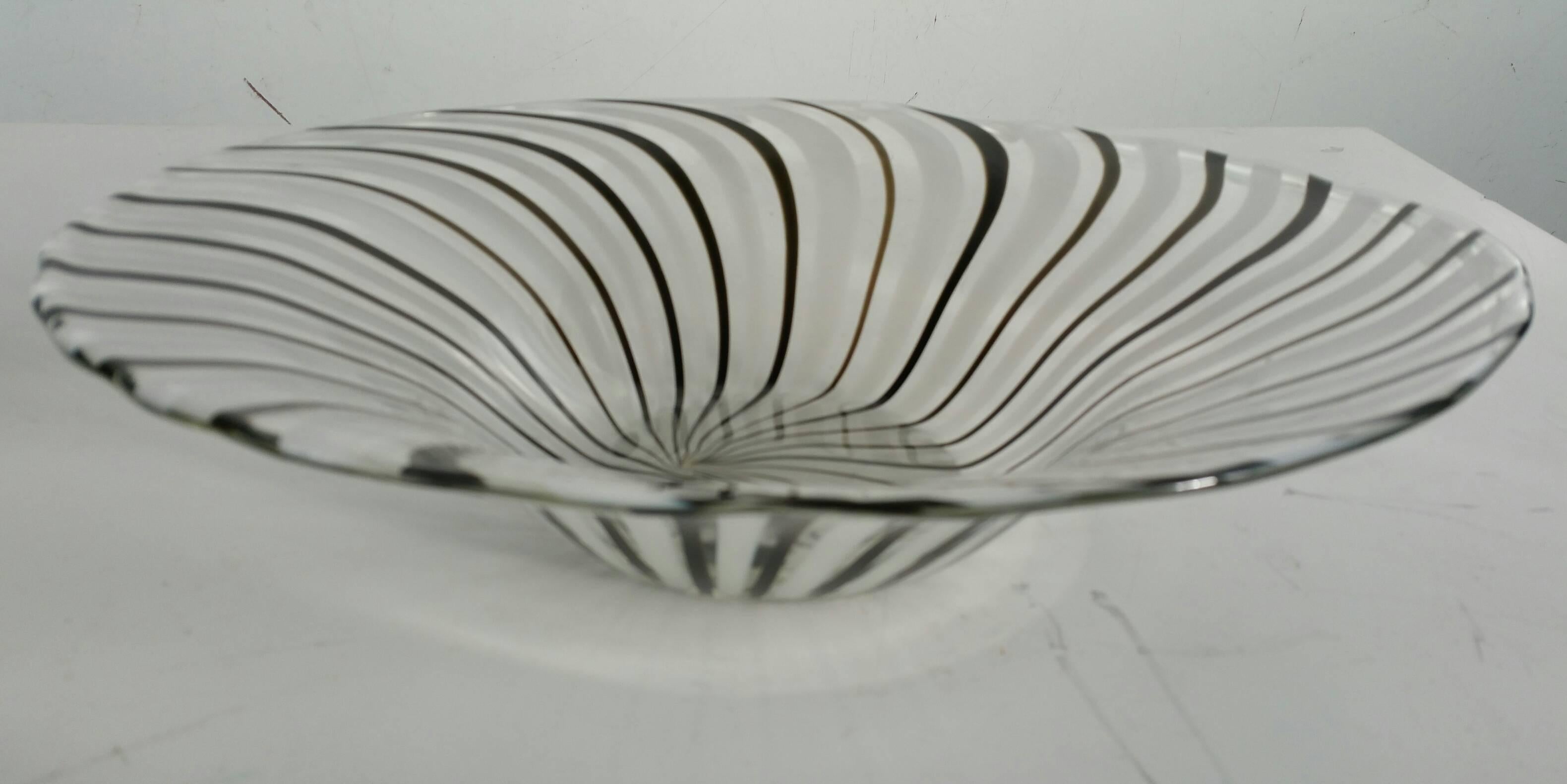 Mid-Century Modern Midcentury Murano Glass Black and White Latticino Striped Bowl