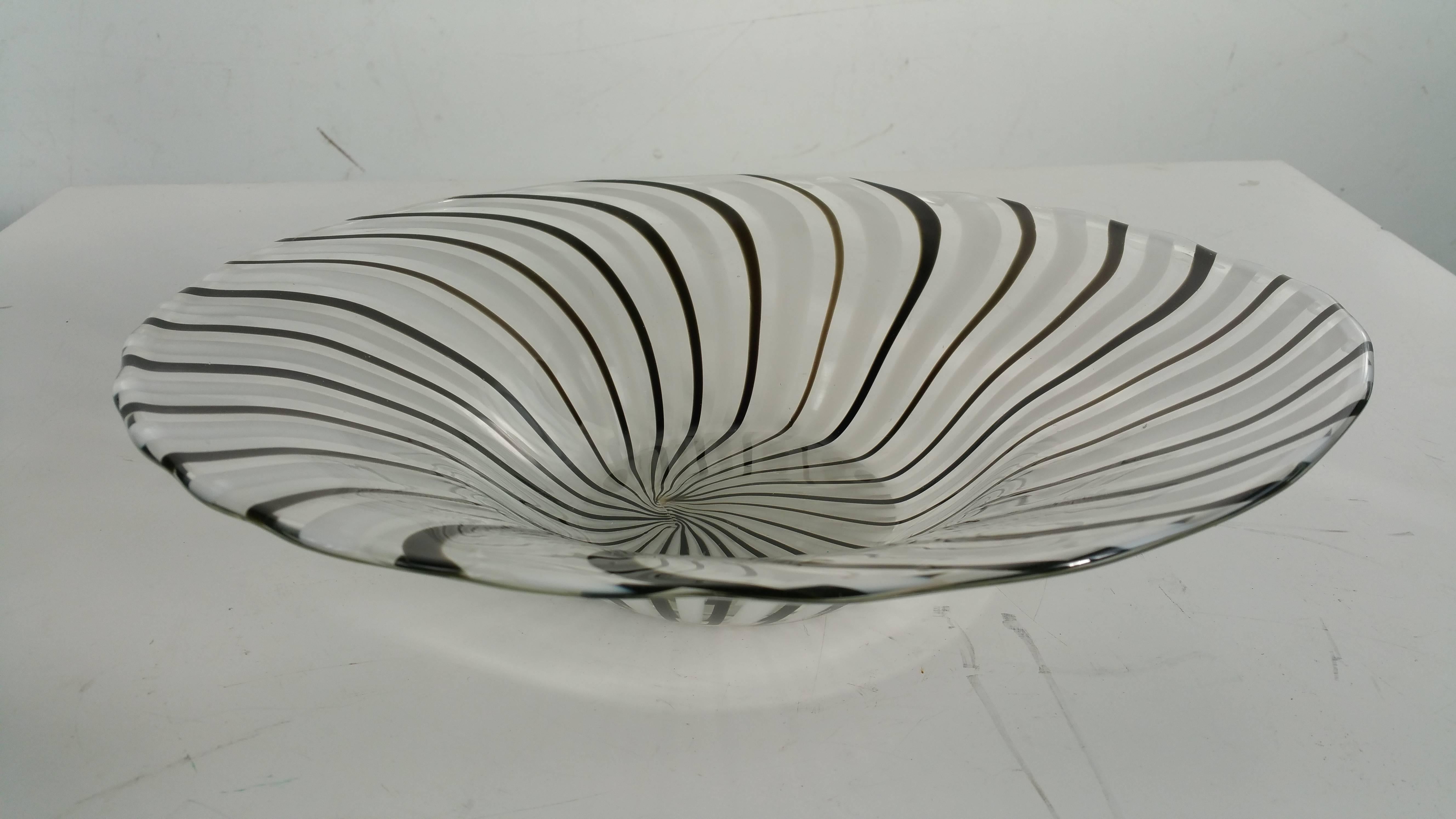 Midcentury Murano Glass Black and White Latticino Striped Bowl In Excellent Condition In Buffalo, NY