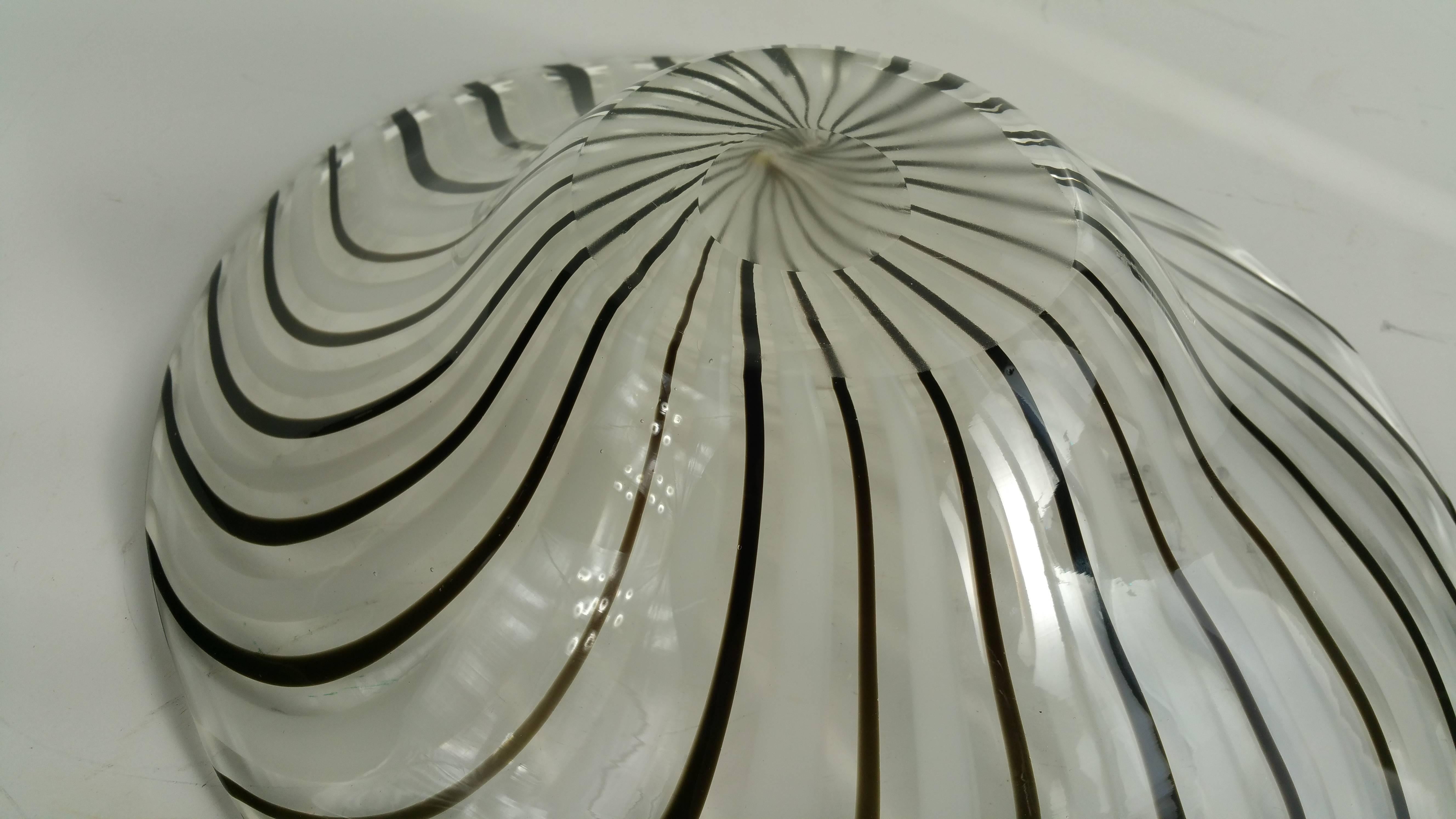 Italian Midcentury Murano Glass Black and White Latticino Striped Bowl