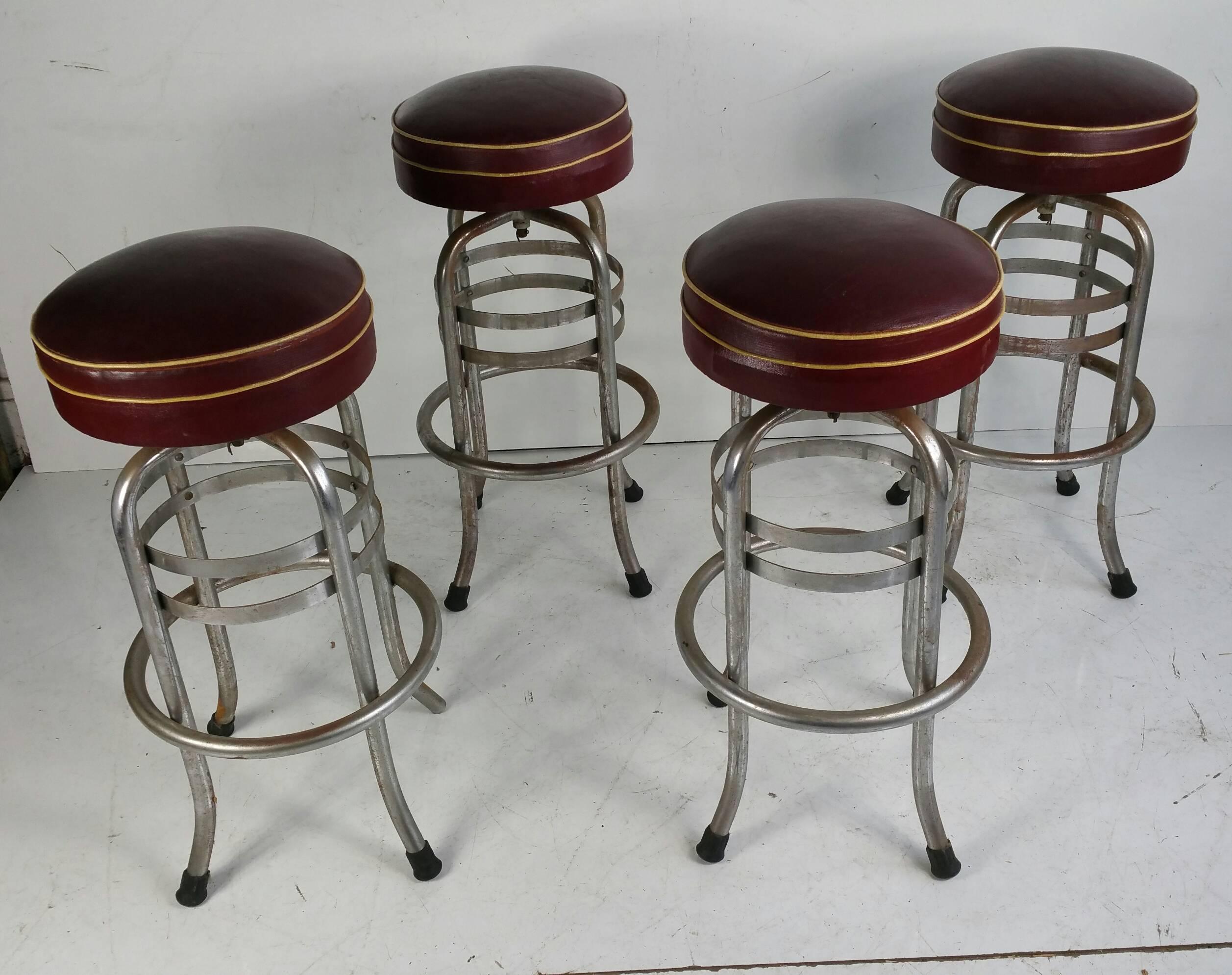 Rare Art Deco Chrome and Oil Cloth Bar Stools, Helena Rubinstein In Distressed Condition In Buffalo, NY