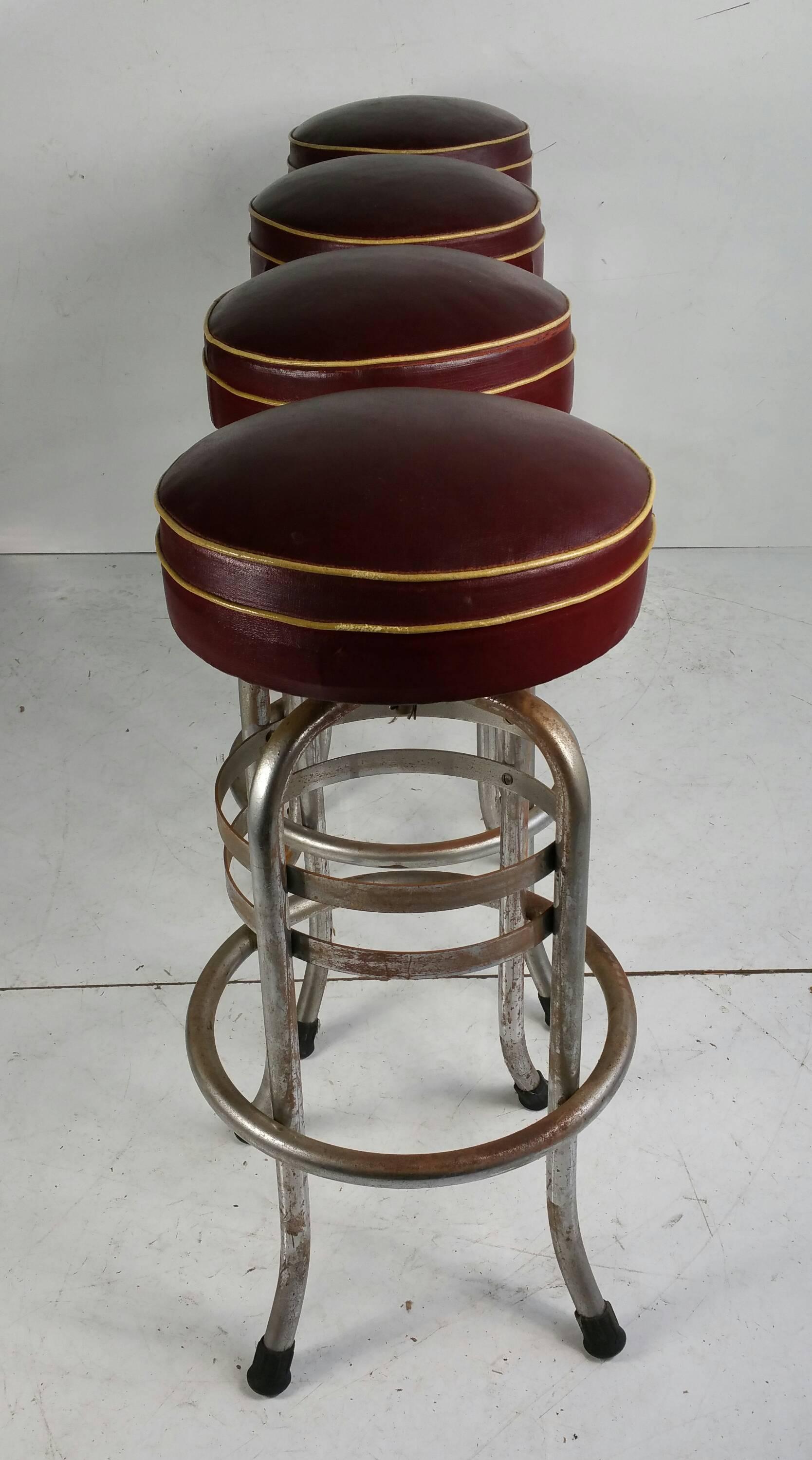 American Rare Art Deco Chrome and Oil Cloth Bar Stools, Helena Rubinstein
