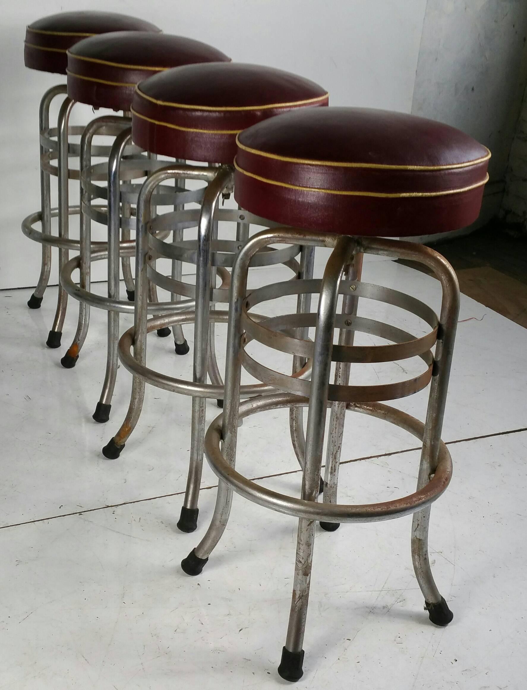 Extremely rare set of 4 bar stools attributed to Helena Rubinstein,, 1930s period.. All original..Seldom seen double flat steel ring design.Chrome weathered ,,surface rust,