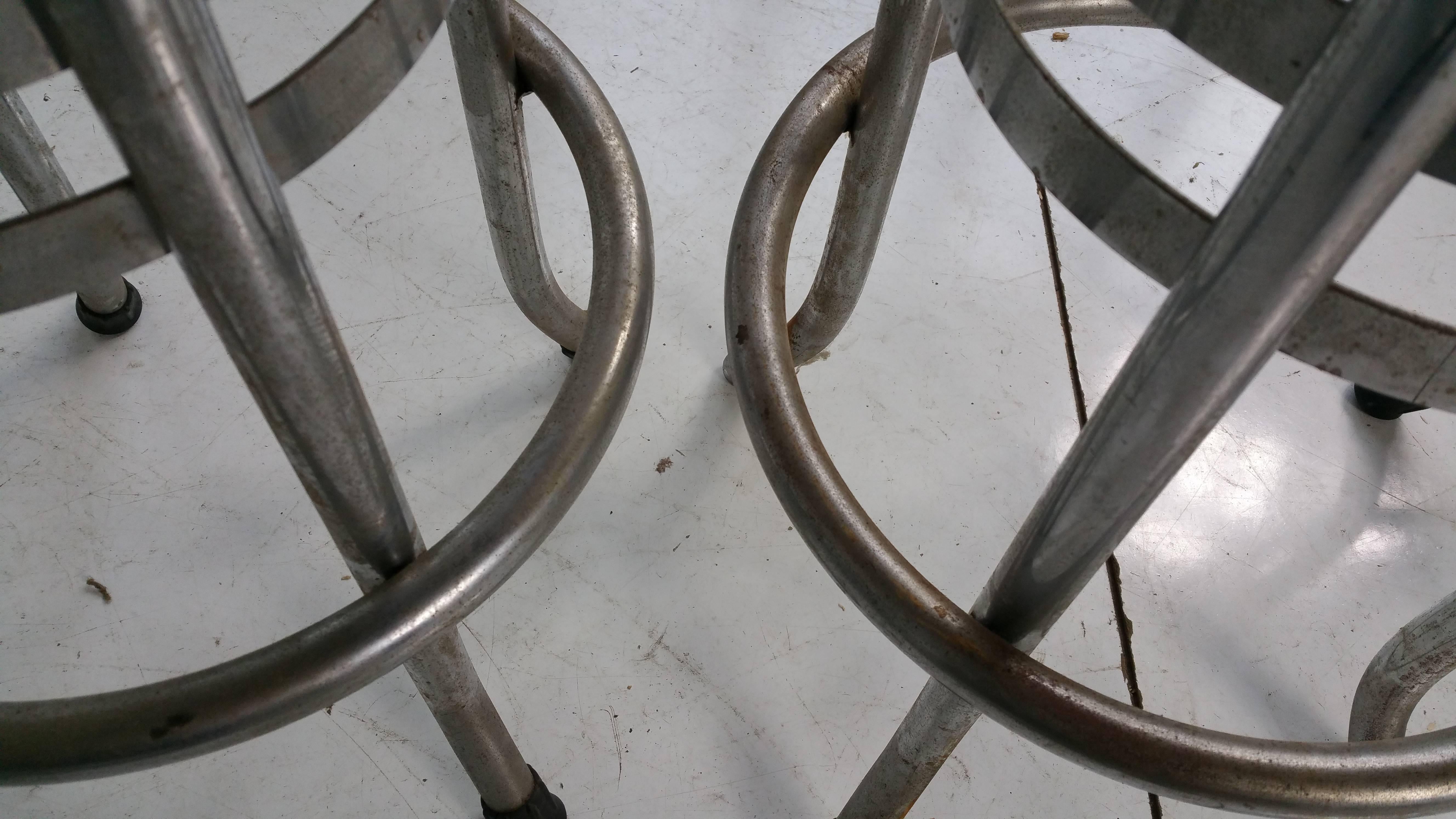 Mid-20th Century Rare Art Deco Chrome and Oil Cloth Bar Stools, Helena Rubinstein