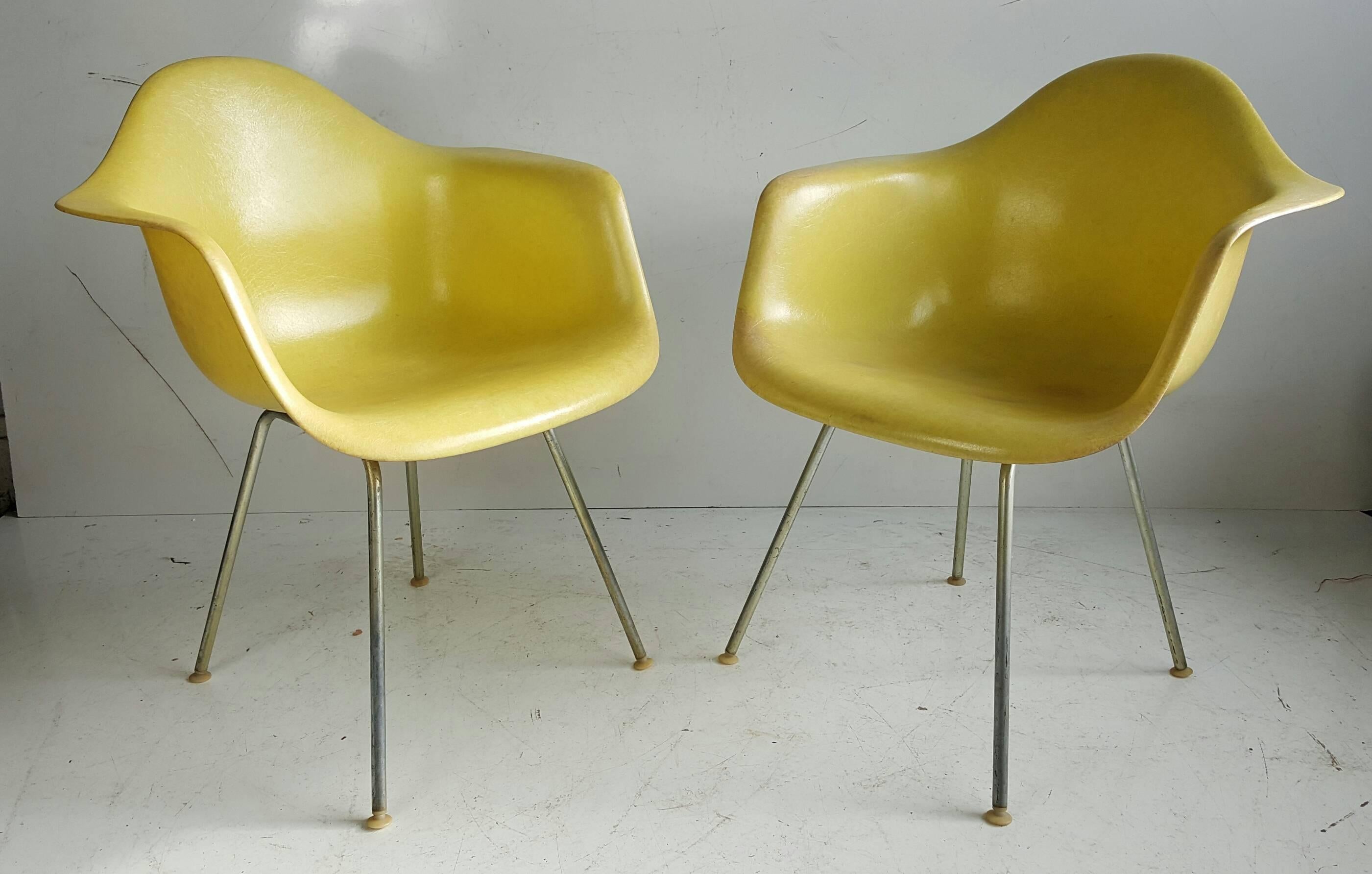 Great pair of lemon yellow arm shell chairs designed by Charles and Ray Eames.. manufactured by Herman Miller,, early elusive see-thrugh 