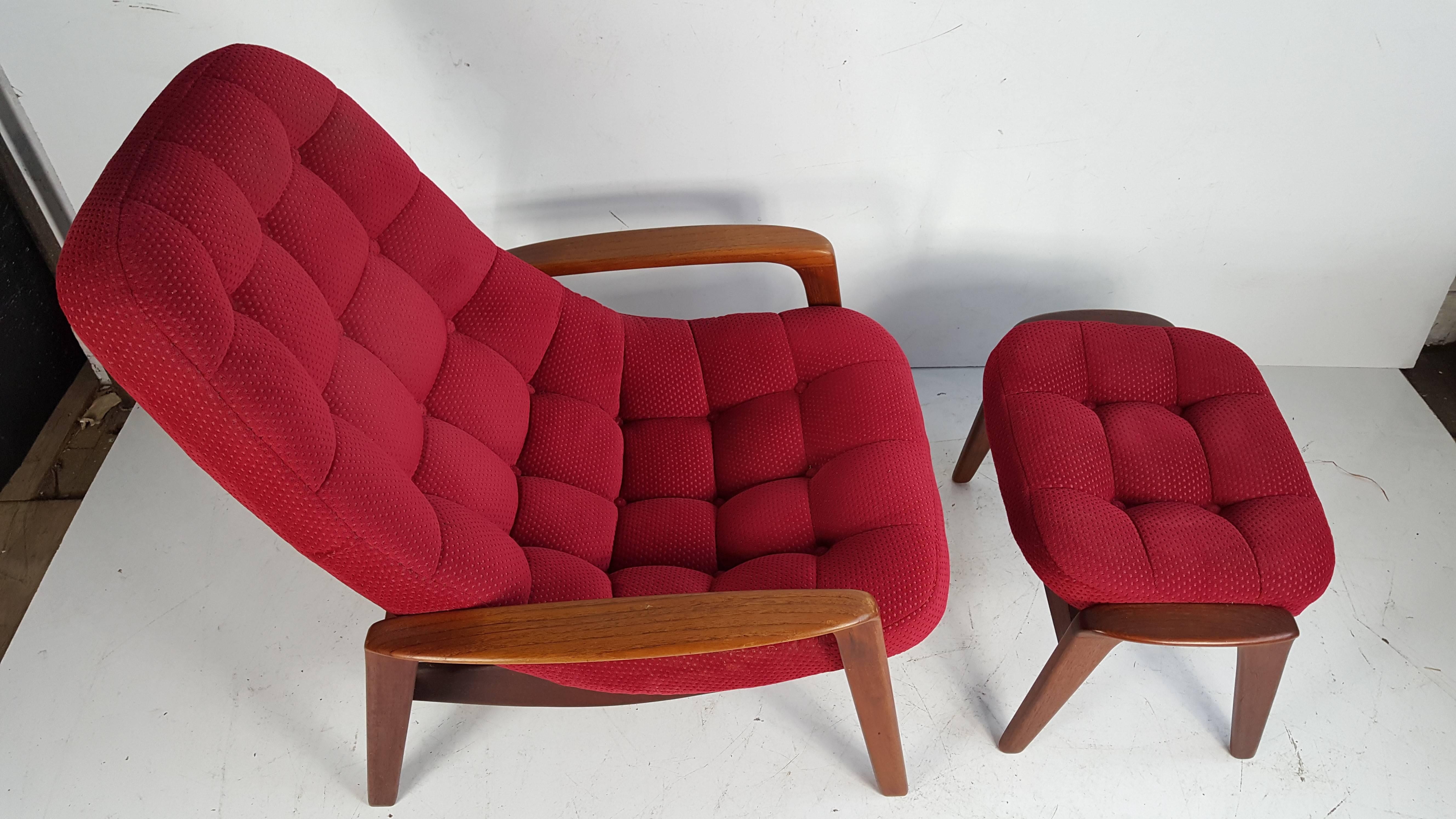 Teak Lounge Chair by and Ottoman R. Huber, Mid-Century Danish Modern In Excellent Condition In Buffalo, NY