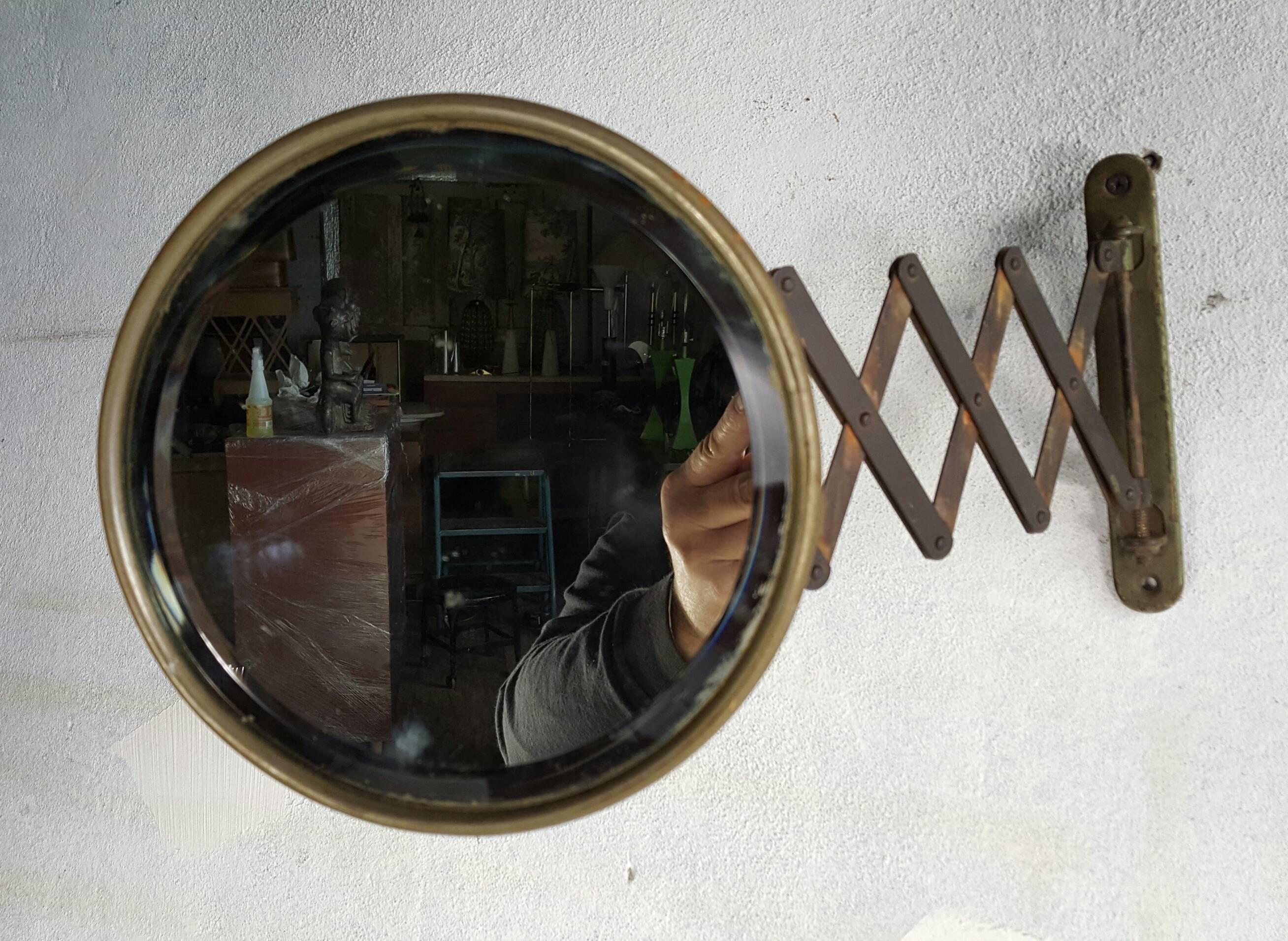 Antique Industrial Scissor Arm Lavatory Mirror,, Nice original condition,,Wonderful patina,,extends from 6.5