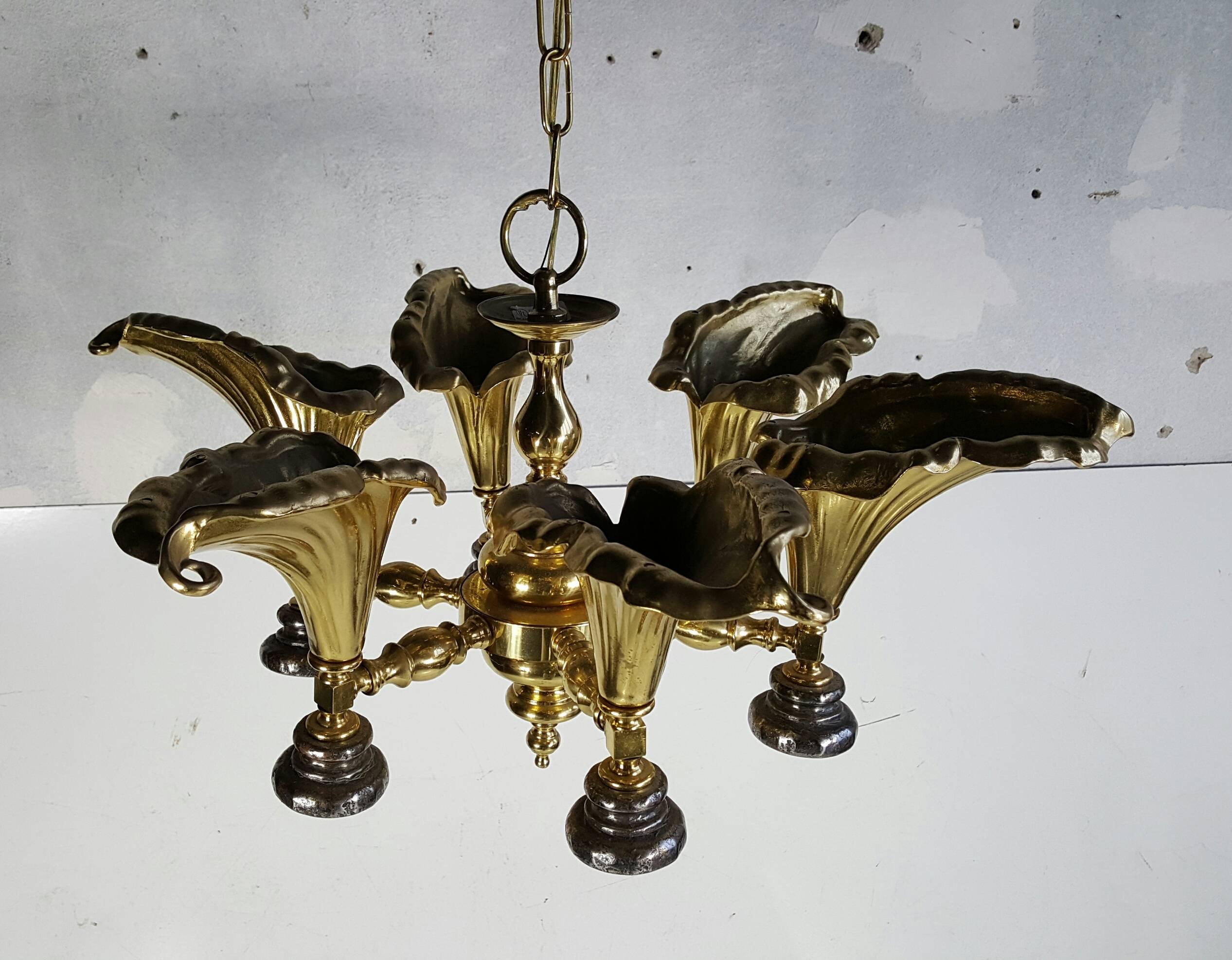 Wonderful Cast Brass hanging light fixture,,Supreme quality,featuring 6 large calla lily up sconces,flowers measure 8