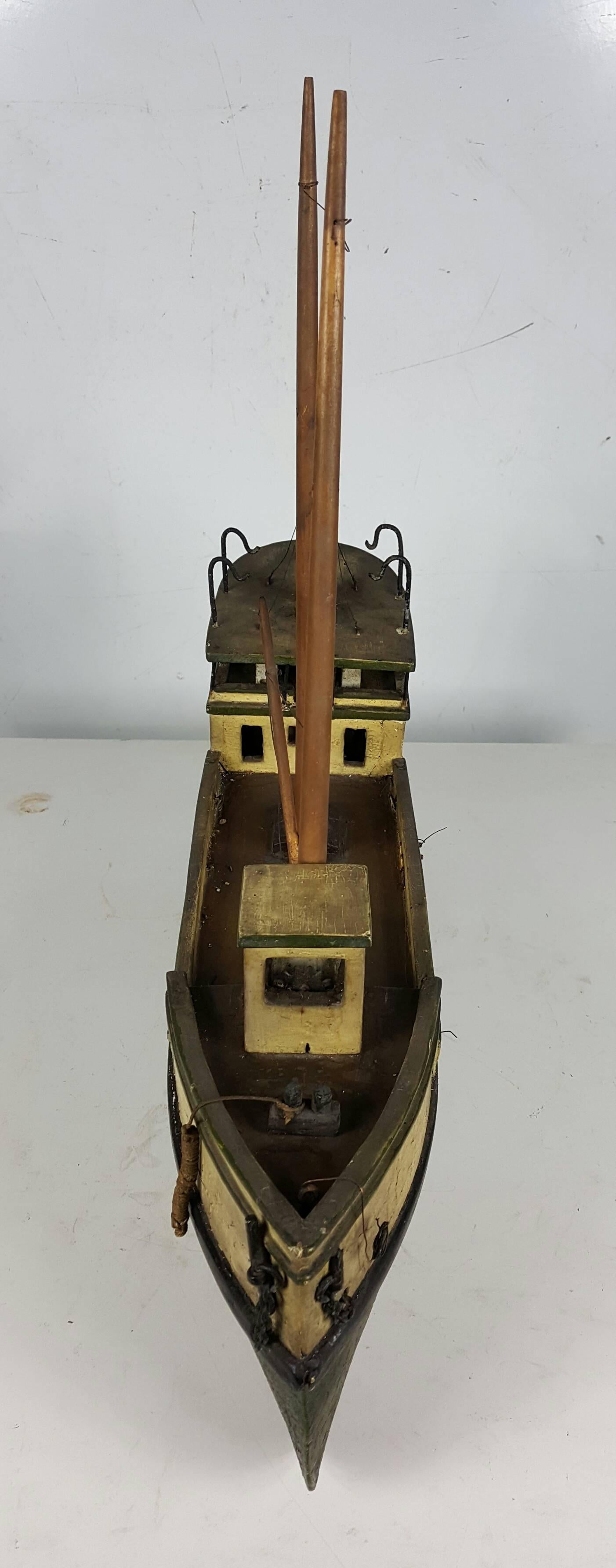 Early 20th Century Hand Built Wooden Folk Art Fishing Boat, , Art Deco In Distressed Condition In Buffalo, NY