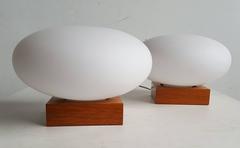 Pair of  Midcentury Italian Blown Glass and Cube Teak Table Lamps