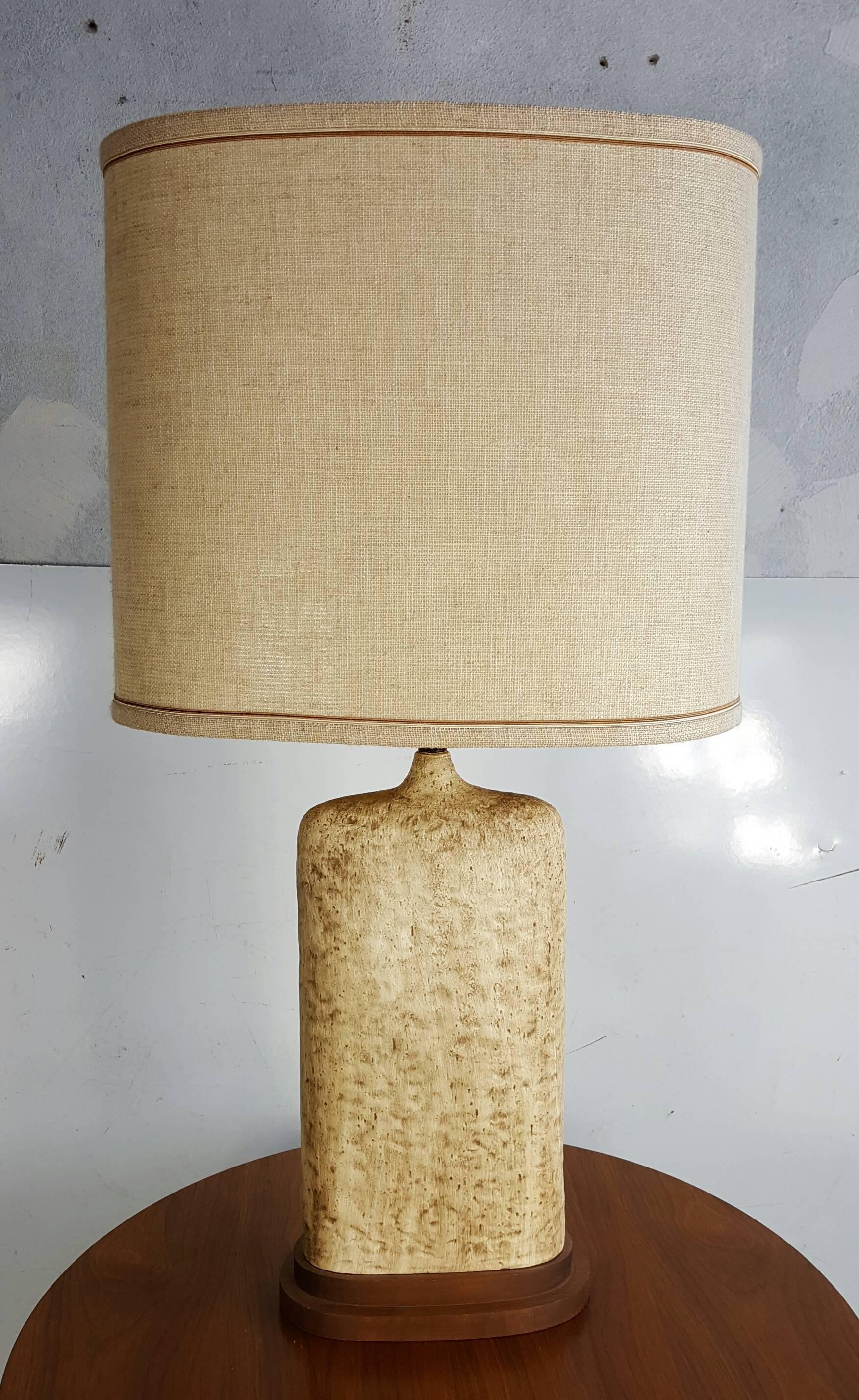 Wonderful mid century modern table lamp,,great form.drip glaze,,original wood plinth and shade,, manner of Fantoni