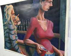 Large W P A Style Oil on Canvas "At The Bar" M J Myers