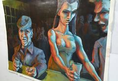 Large W P A Style Oil on Canvas "At The Bar" M J Myers