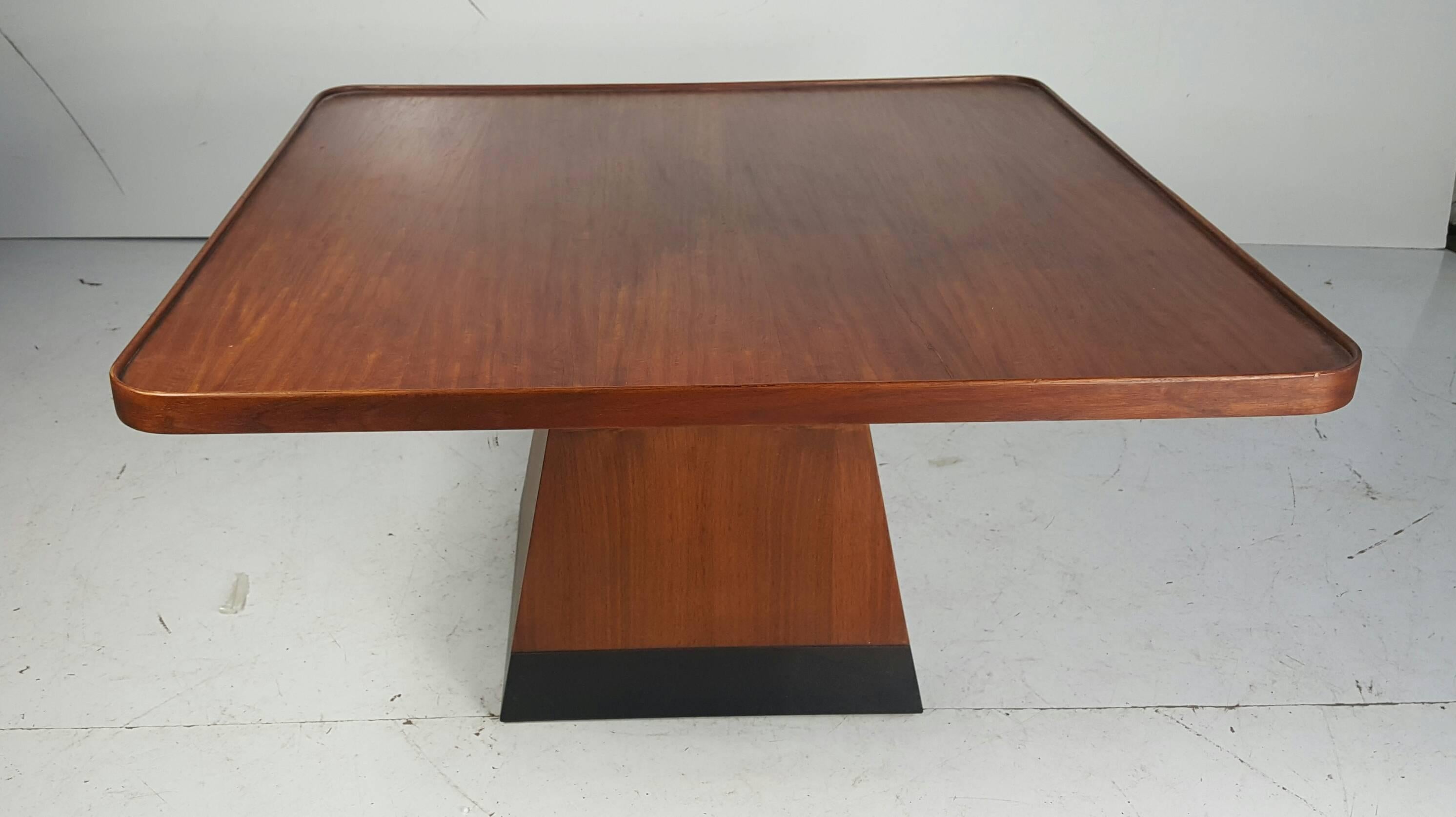 Minimalist Post Modern Satinwood Cocktail Table Pyramid Base Philippe Starck style For Sale