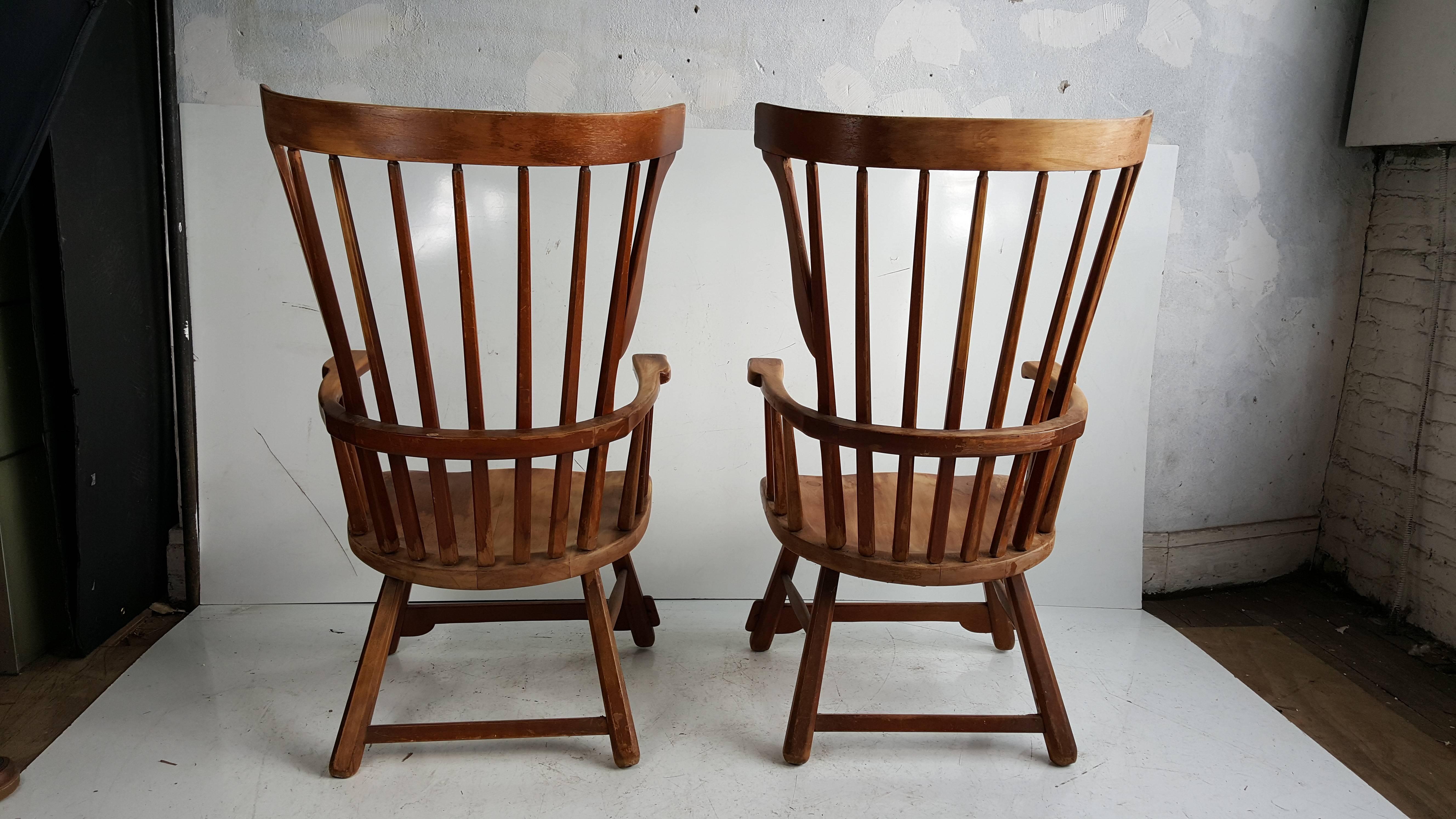 American Pair of Oversized Maple Wood Windsor Fan Back Arm Chairs
