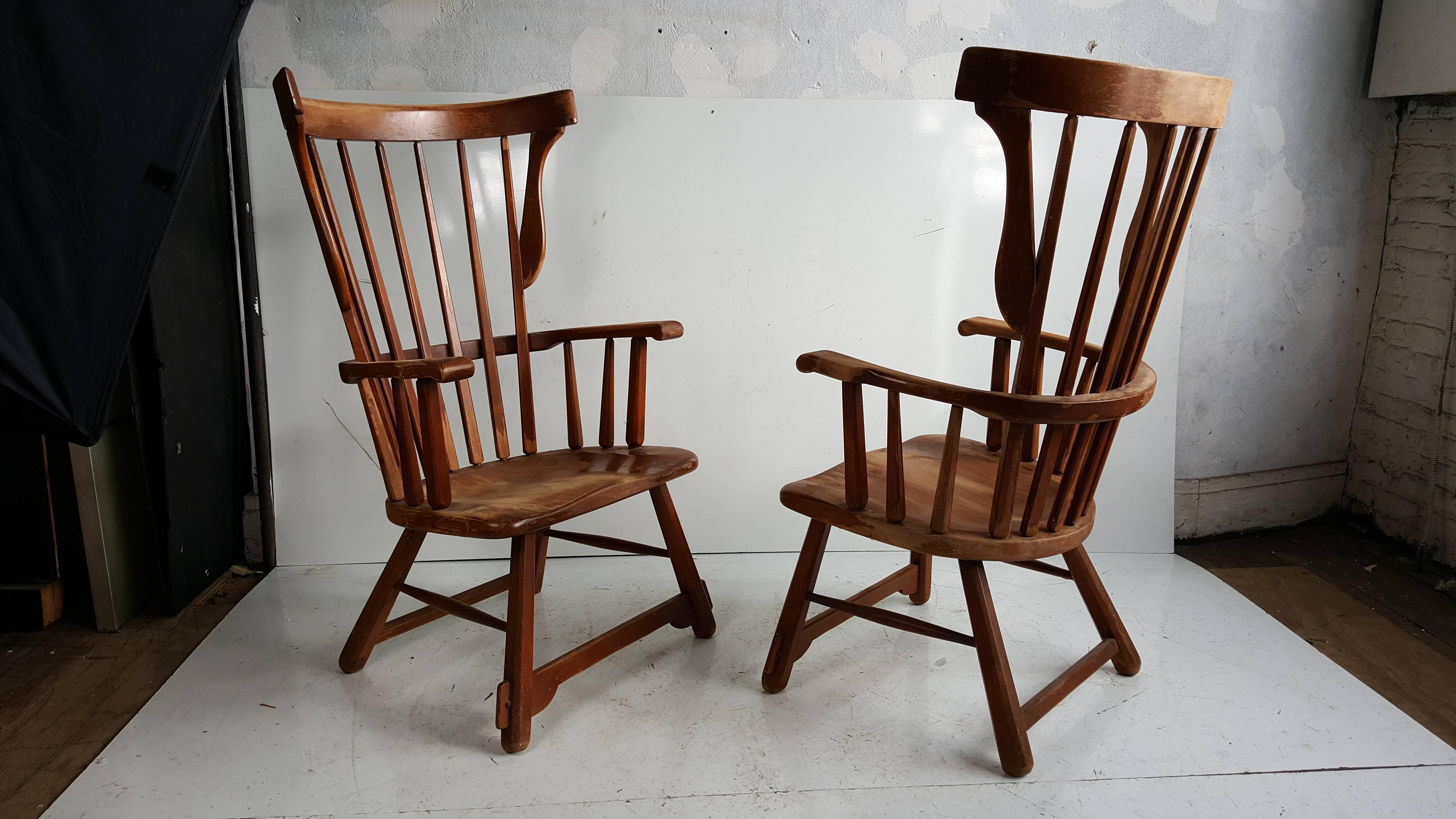 Pair of Oversized Maple Wood Windsor Fan Back Arm Chairs In Distressed Condition In Buffalo, NY