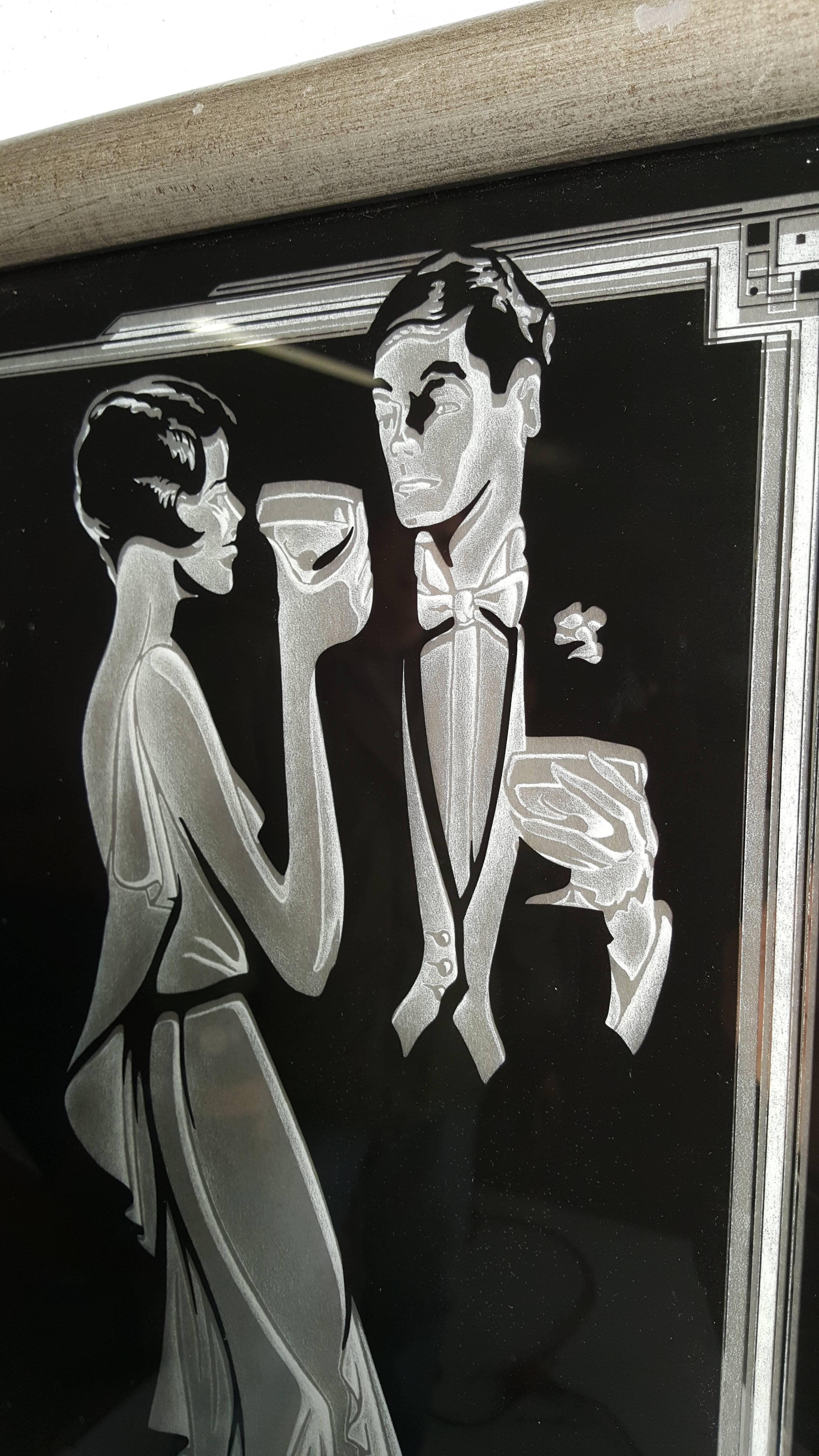 Reverse painted glass Art Deco 'Cocktail' wall decor. Classic Art Deco design, original silver frame, image takes you back in time, night clubs, music, jazz and cocktails.