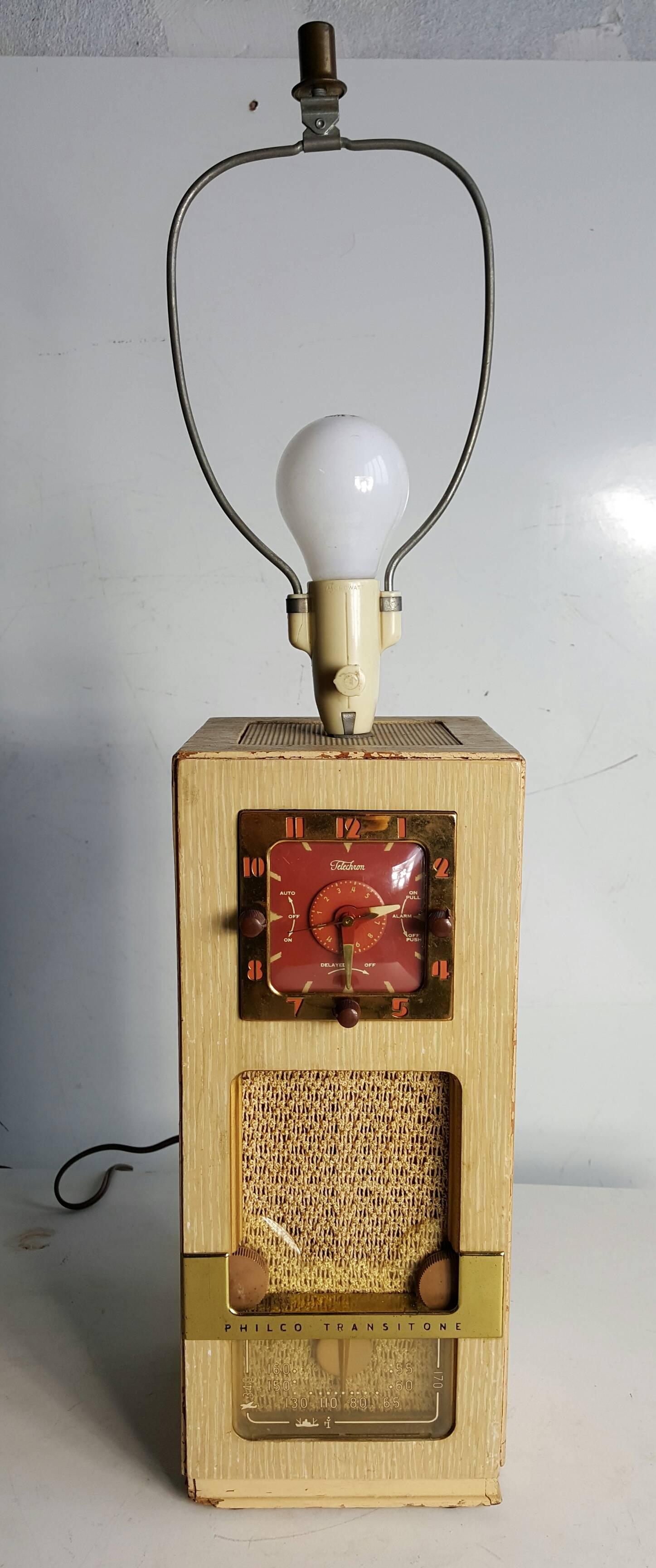 Unusual modernist lamp. Clock radio made by Philco, clock by Telechron.