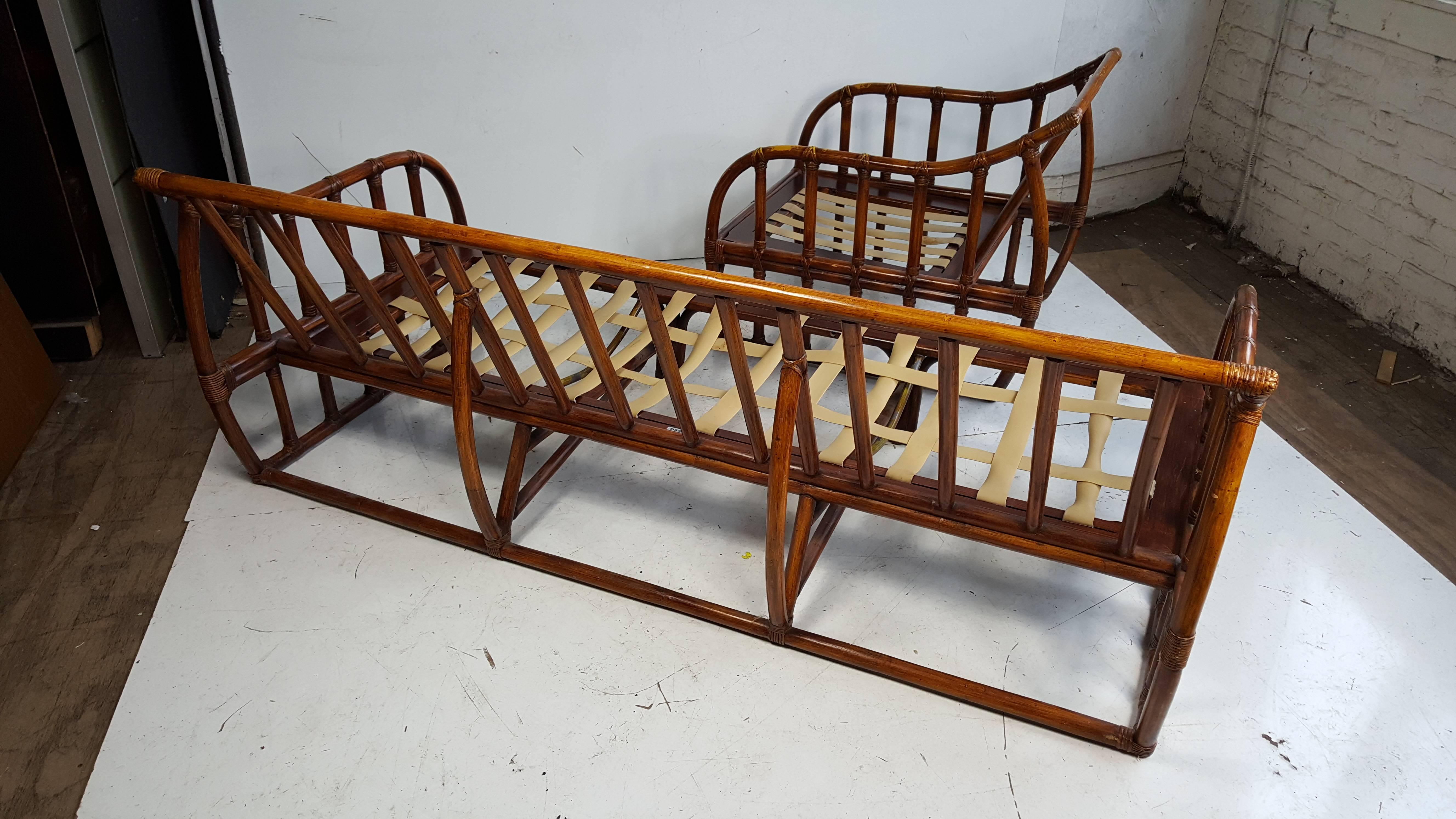 20th Century Ficks Reed Bamboo Sofa and Chair, Art Deco