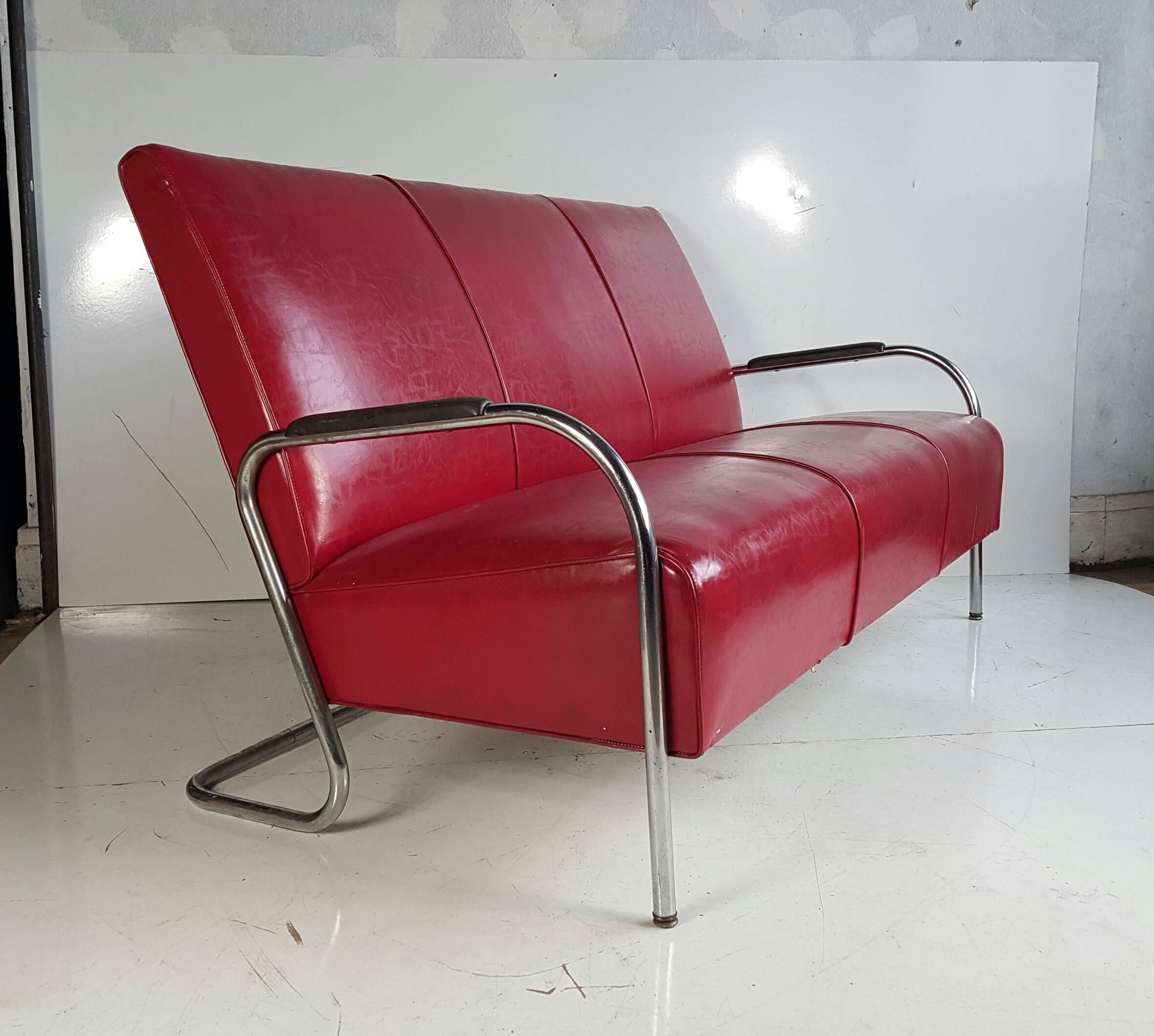 Wolfgang Hoffmann Tubular Chrome Three-Seat Sofa /Settee, Art Deco 1