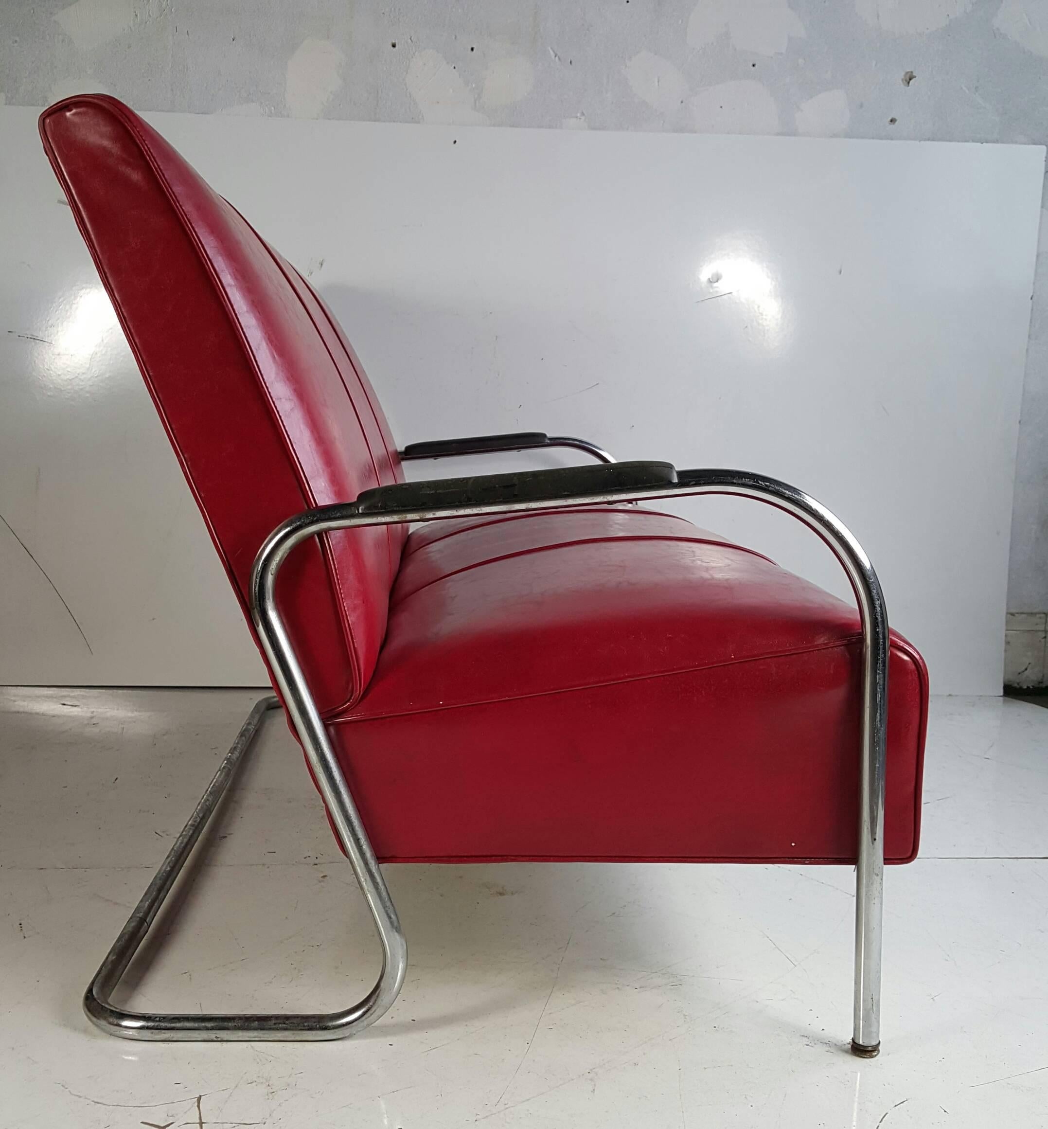 American Wolfgang Hoffmann Tubular Chrome Three-Seat Sofa /Settee, Art Deco