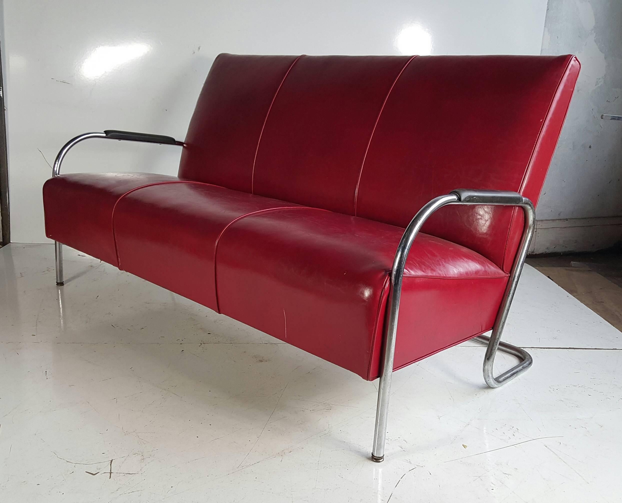 Wolfgang Hoffmann Tubular Chrome Three-Seat Sofa /Settee, Art Deco In Good Condition In Buffalo, NY