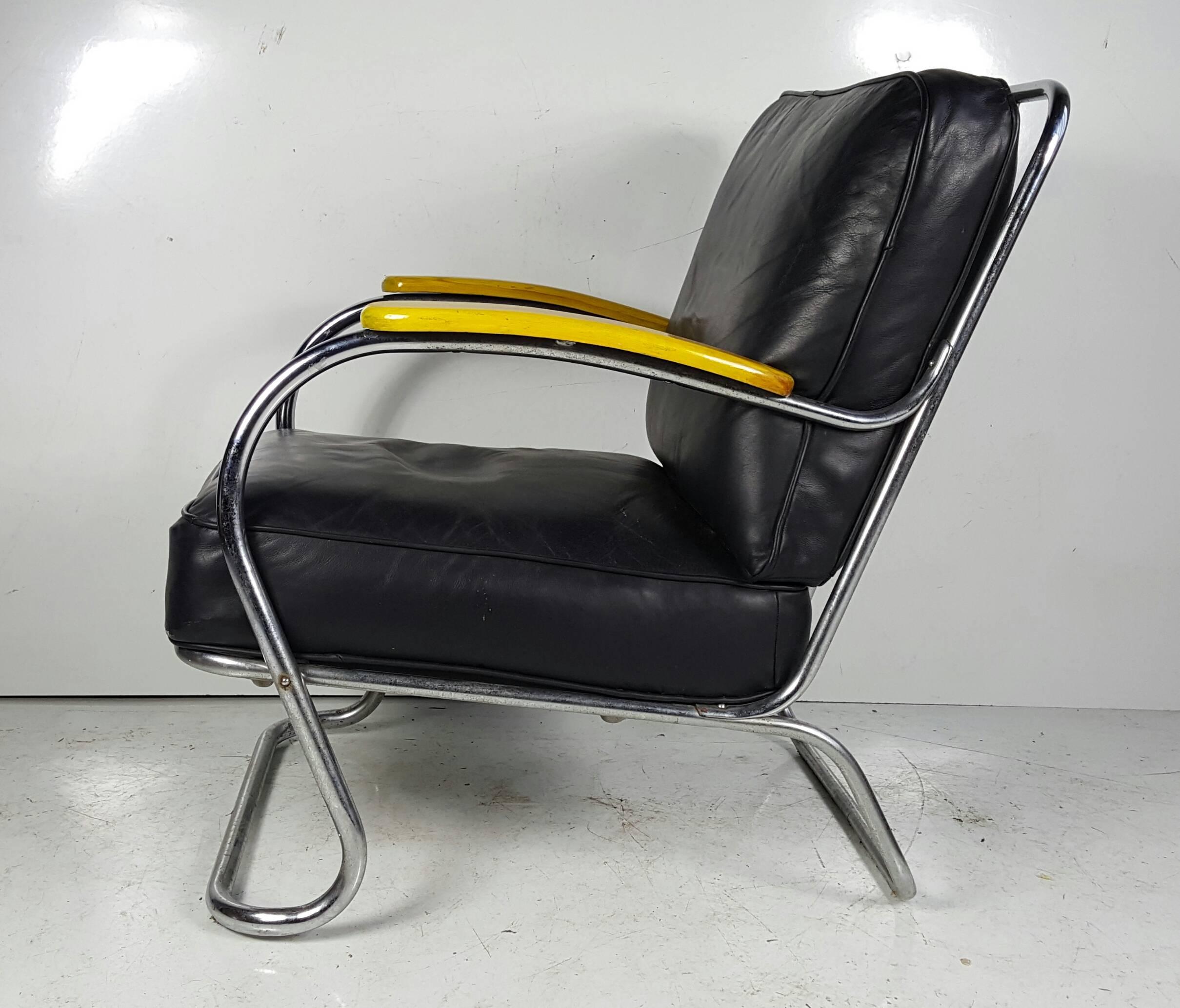 Art Deco Chrome and Leather K E M Webber Lounge Chair, circa 1930s In Good Condition In Buffalo, NY