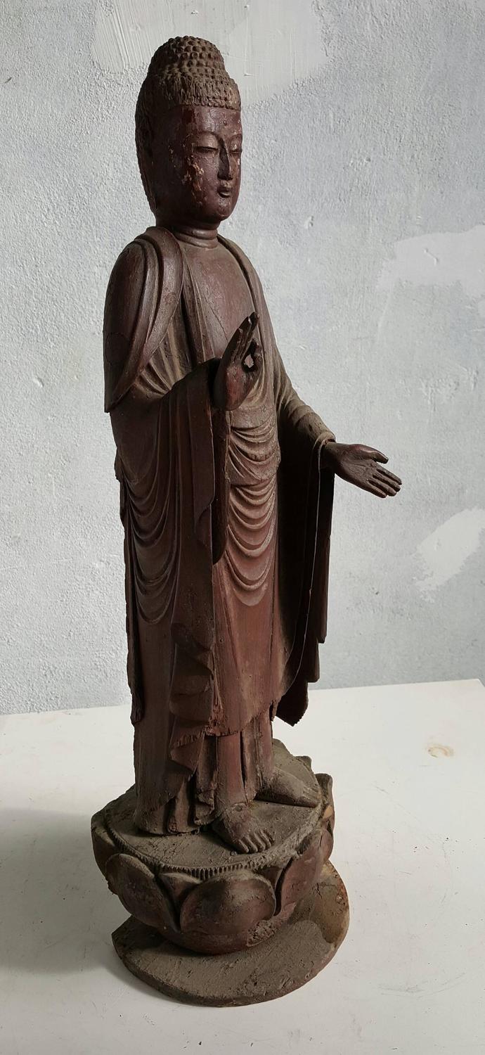 19th Century Japanese Carved Wood Buddha Figure Standing on Lotus