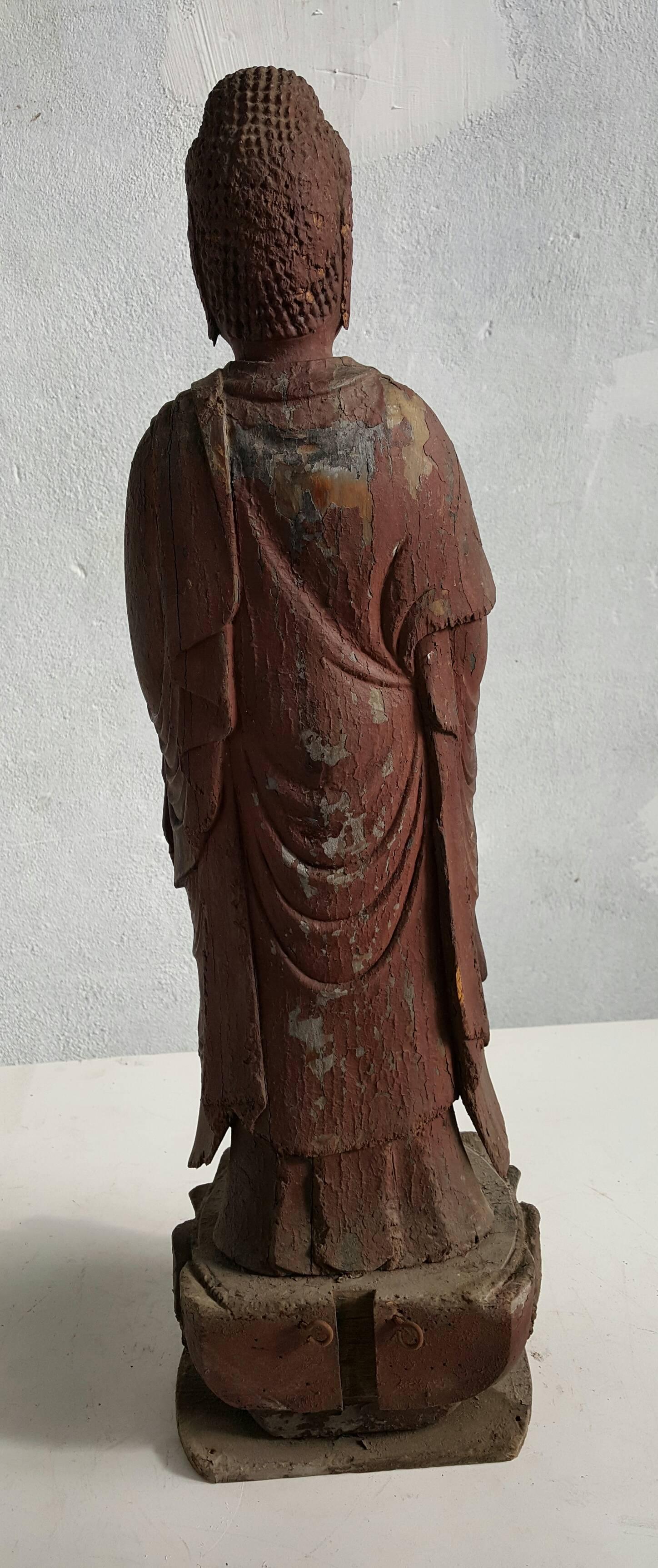 19th Century Japanese Carved Wood Buddha Figure Standing on Lotus 