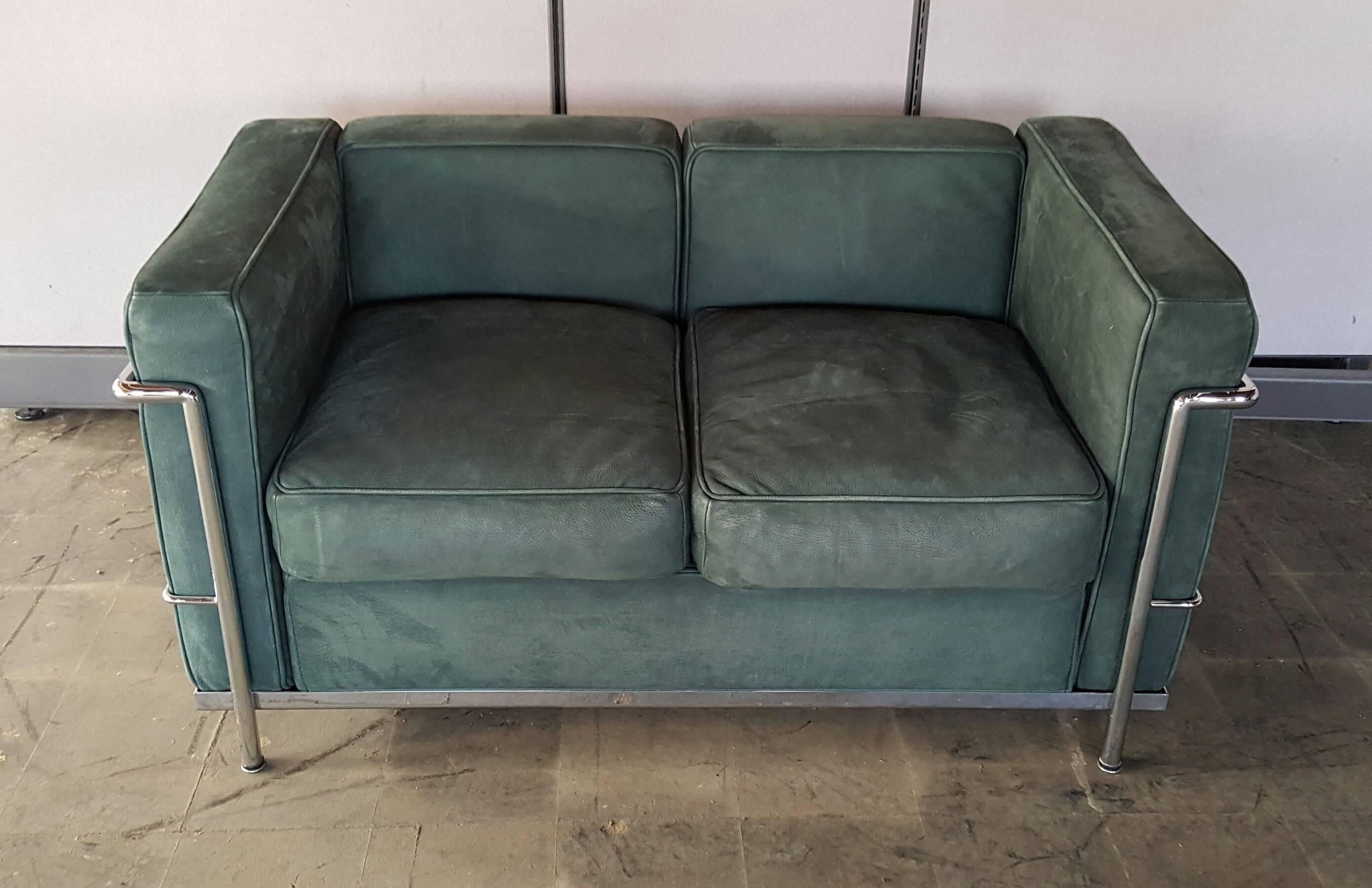 Italian Le Corbusier Two-Seat Sofa, Loveseat, Green Suede and Chrome
