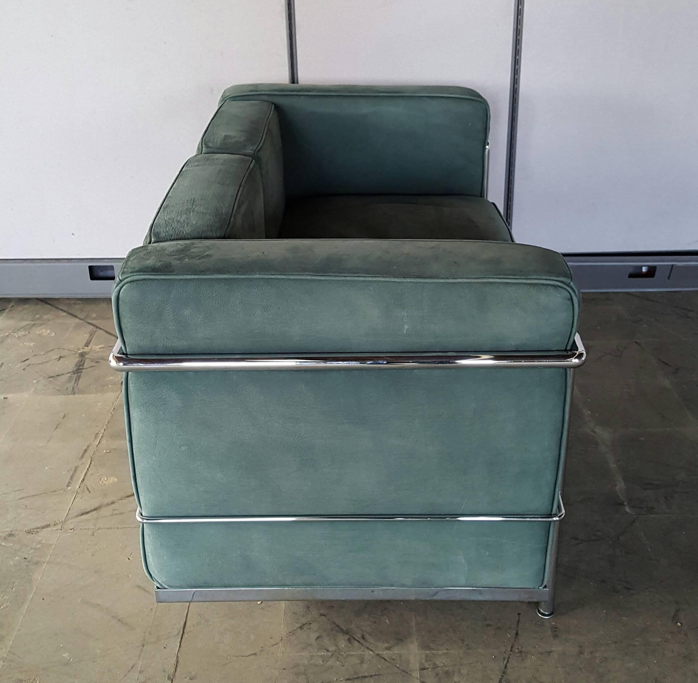 Art Deco Le Corbusier Two-Seat Sofa, Loveseat, Green Suede and Chrome