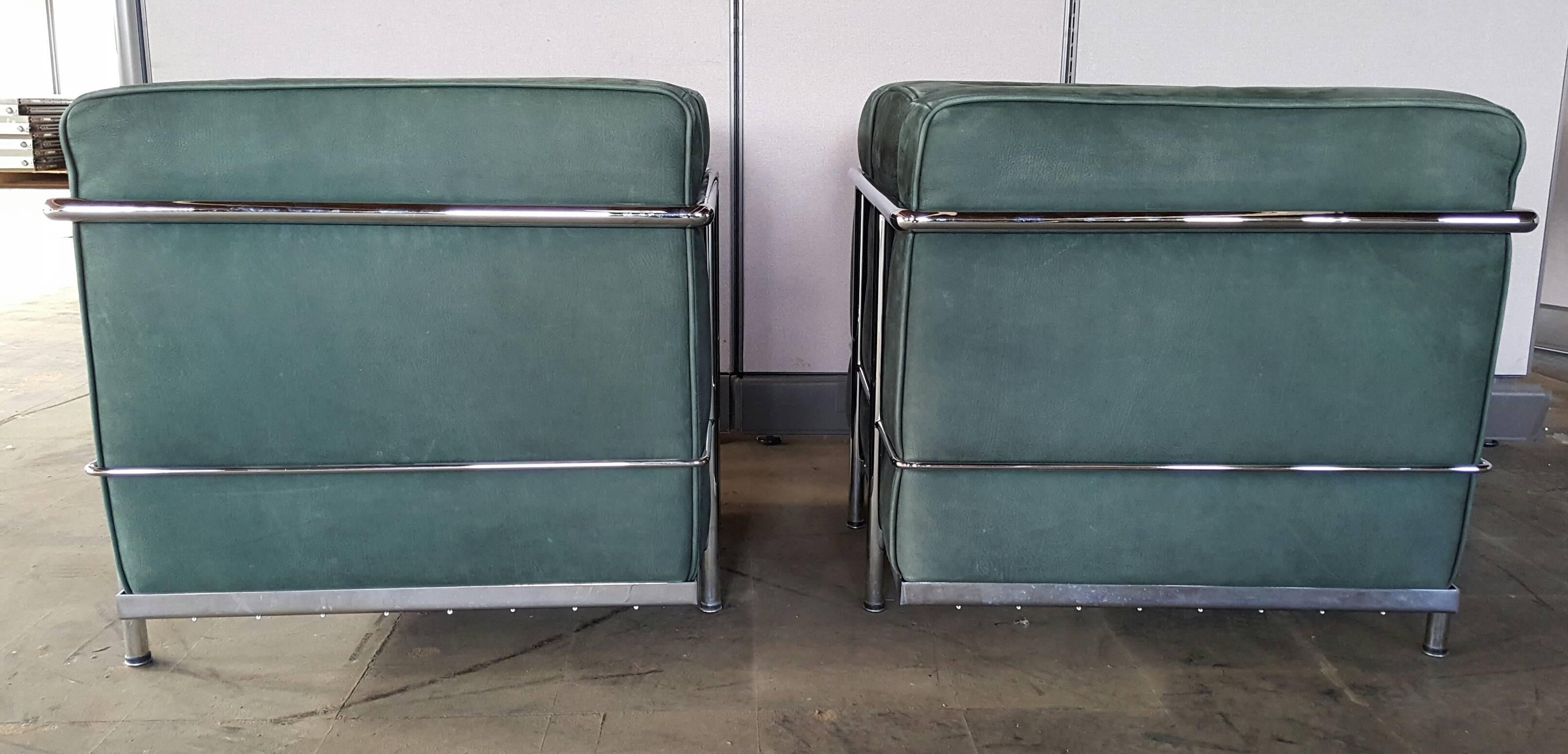 Pair of Le Corbusier Lc2 Lounge Chairs, Green Suede and Chrome 1