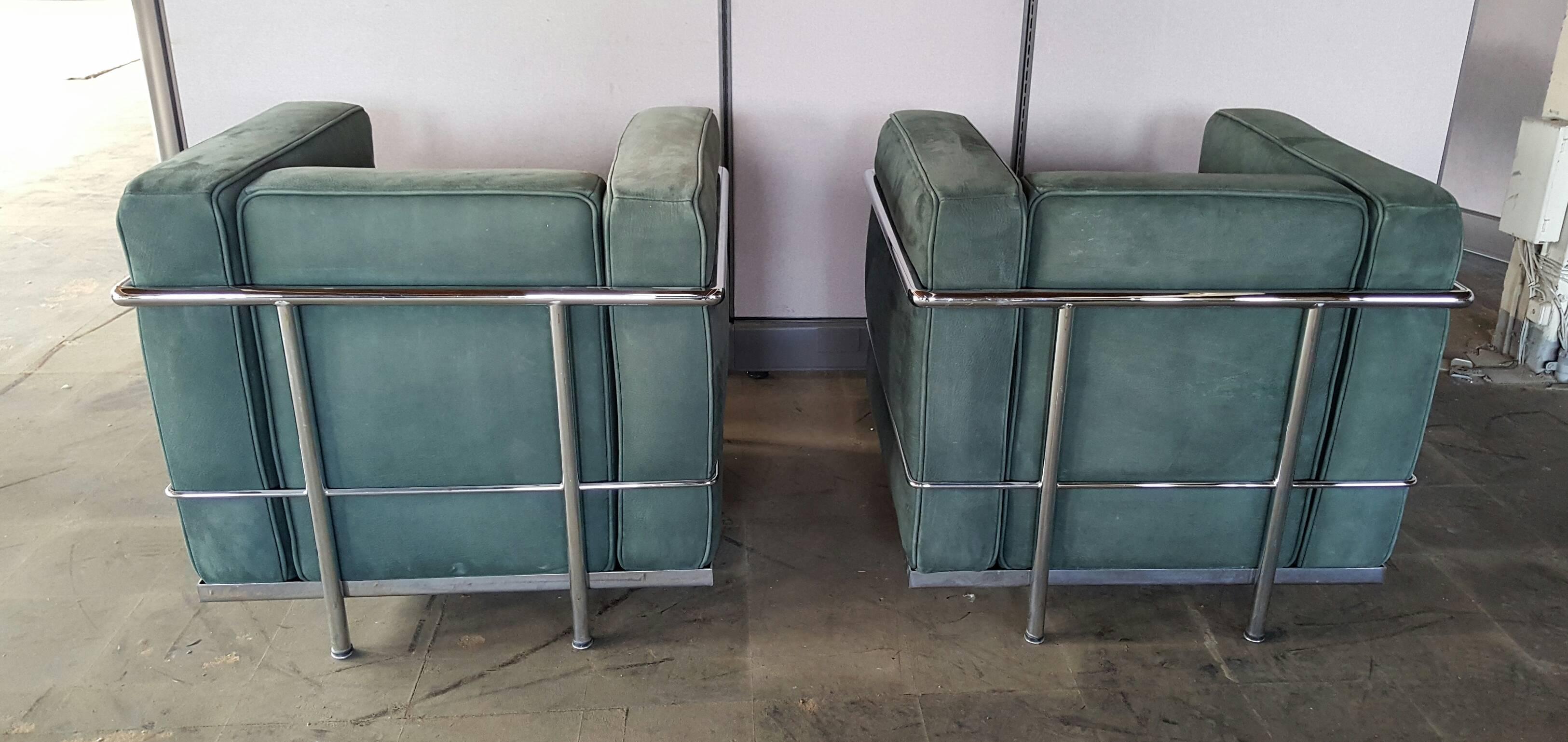 Italian Pair of Le Corbusier LC2 Lounge Chairs, Green Suede and Chrome