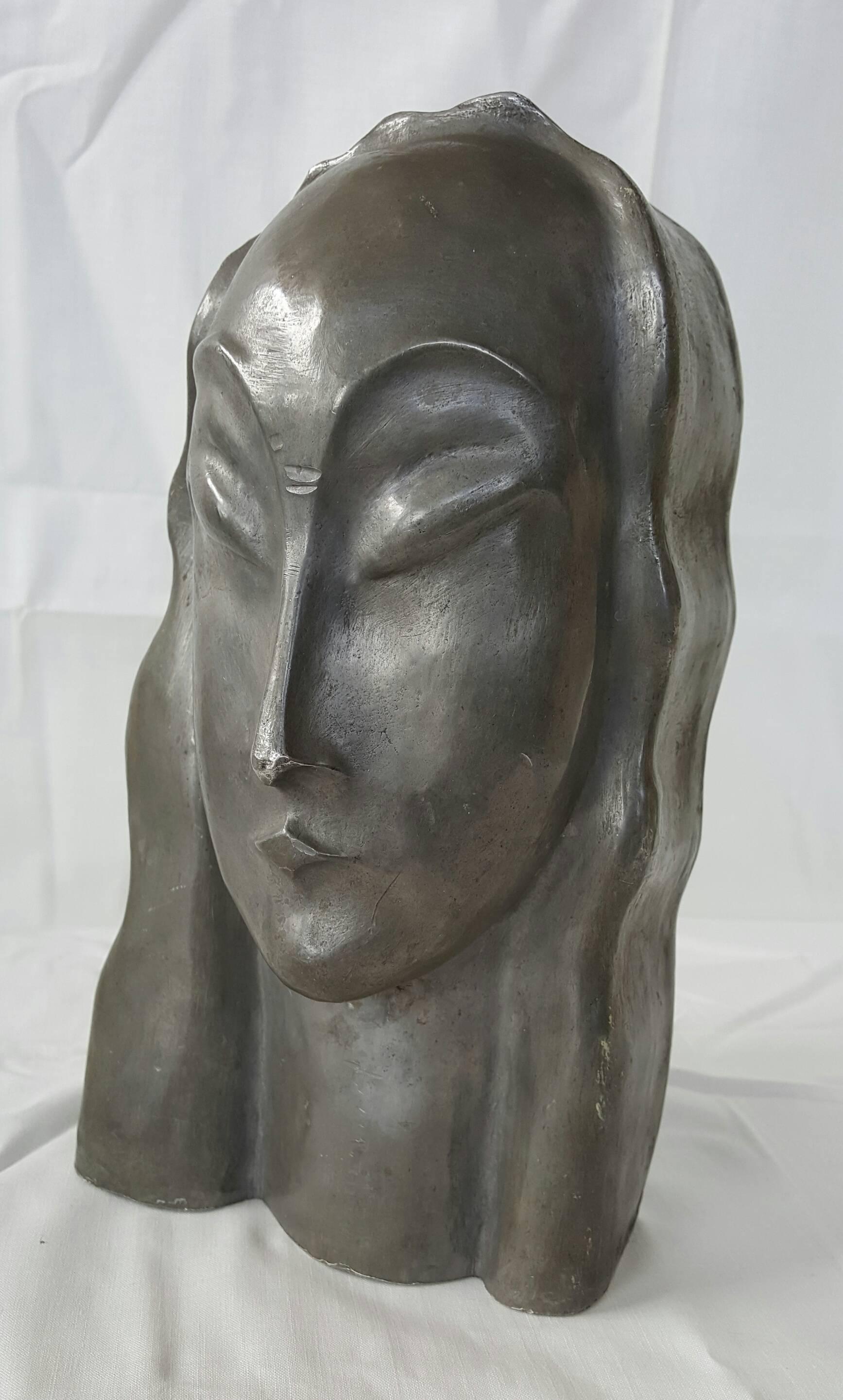 Weiner Werkstatte, Art Deco Stylized Woman Head, Molded Zinc In Good Condition In Buffalo, NY