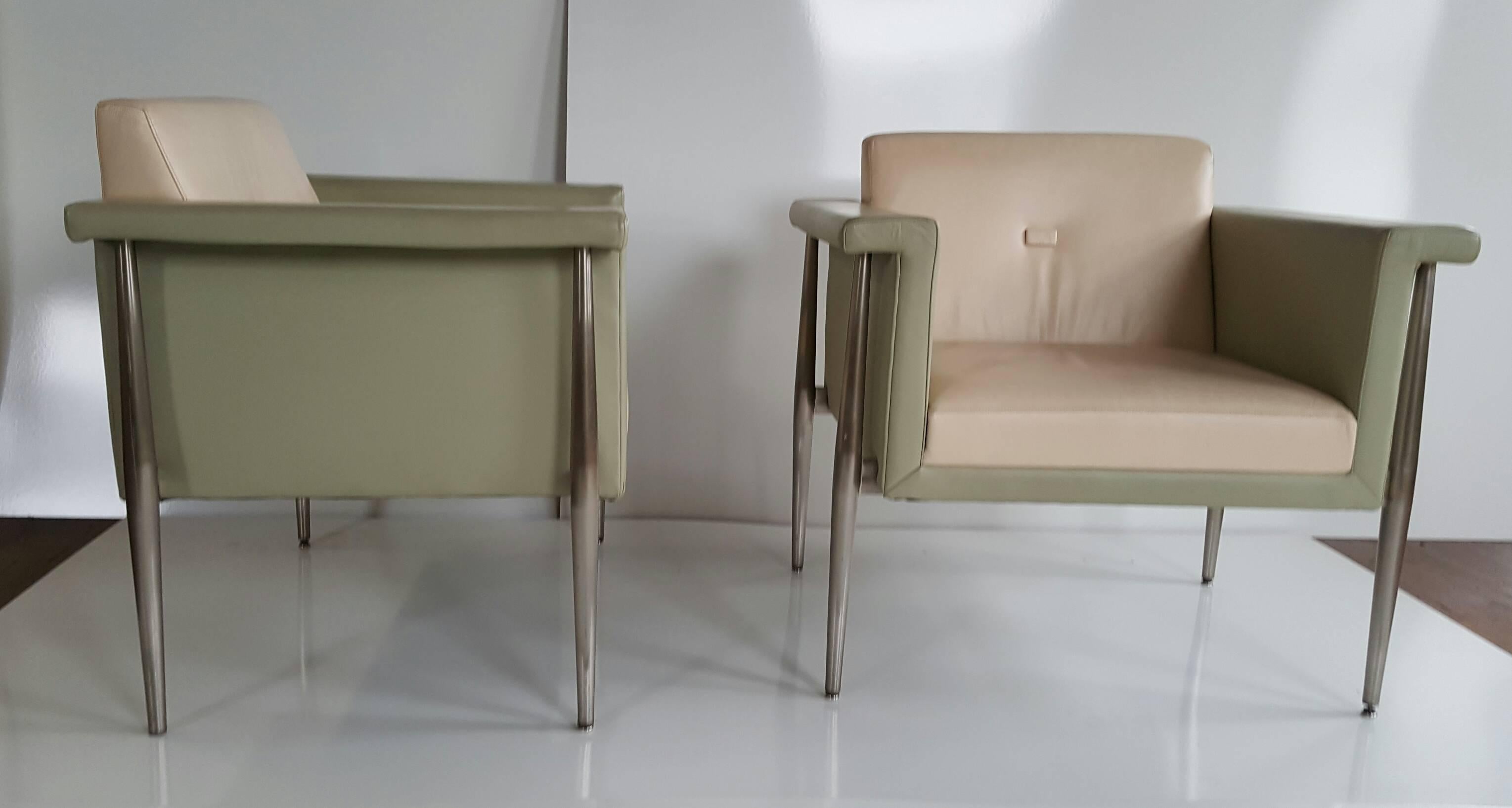 Late 20th Century Memphis Style Two-Tone Leather and Aluminum Lounge Chairs, Bernhardt