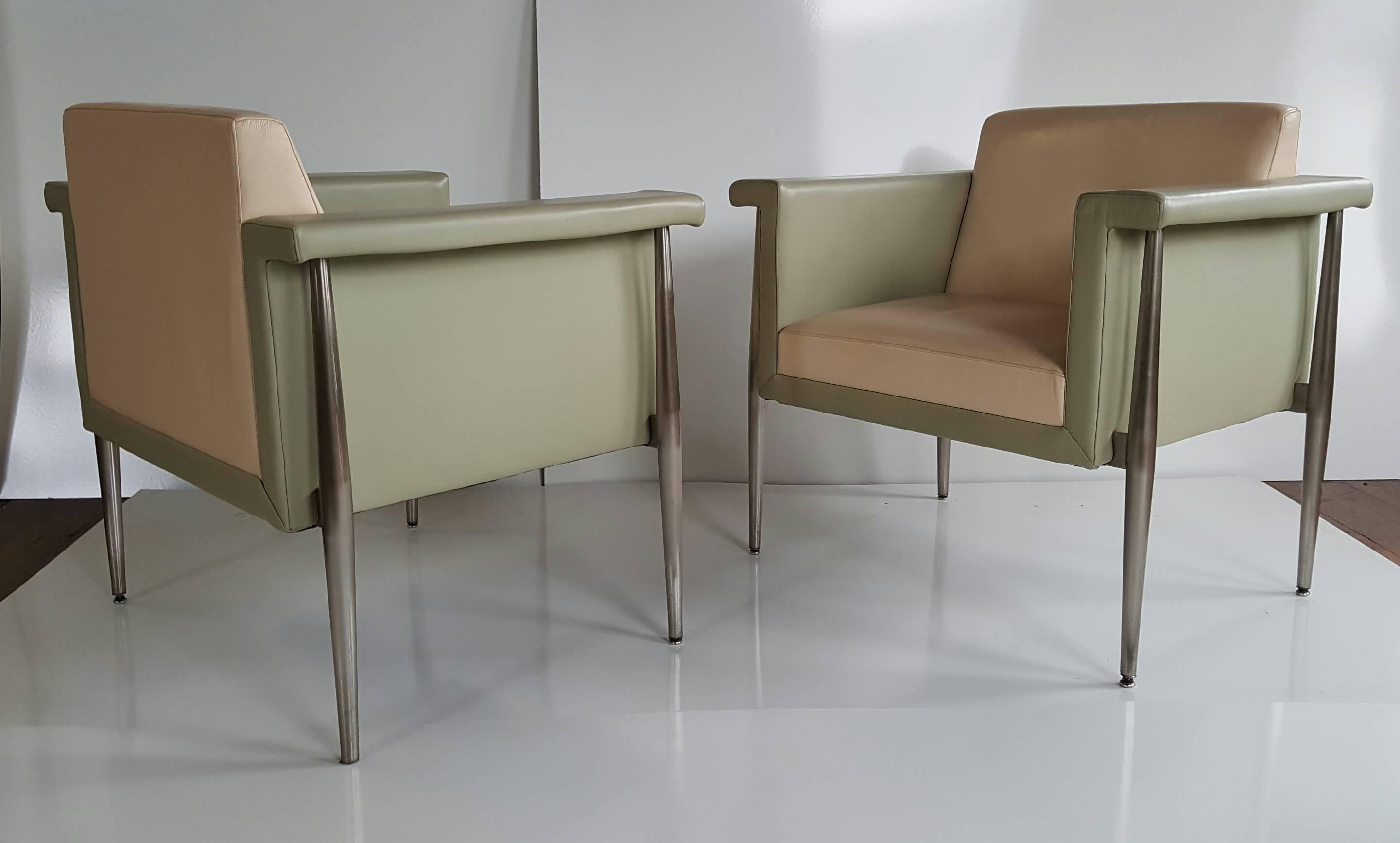 Mid-Century Modern Memphis Style Two-Tone Leather and Aluminum Lounge Chairs, Bernhardt