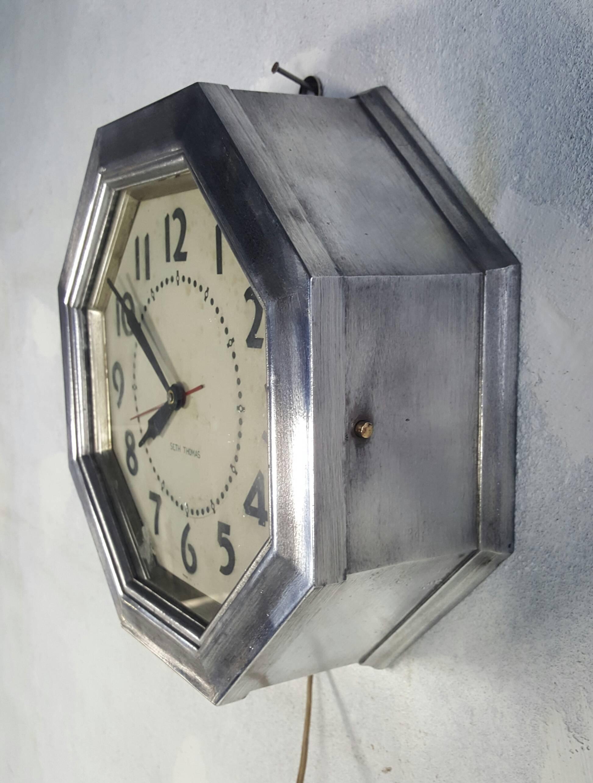 American Rare Art Deco Aluminium Clock, Seth Thomas, Hexagon