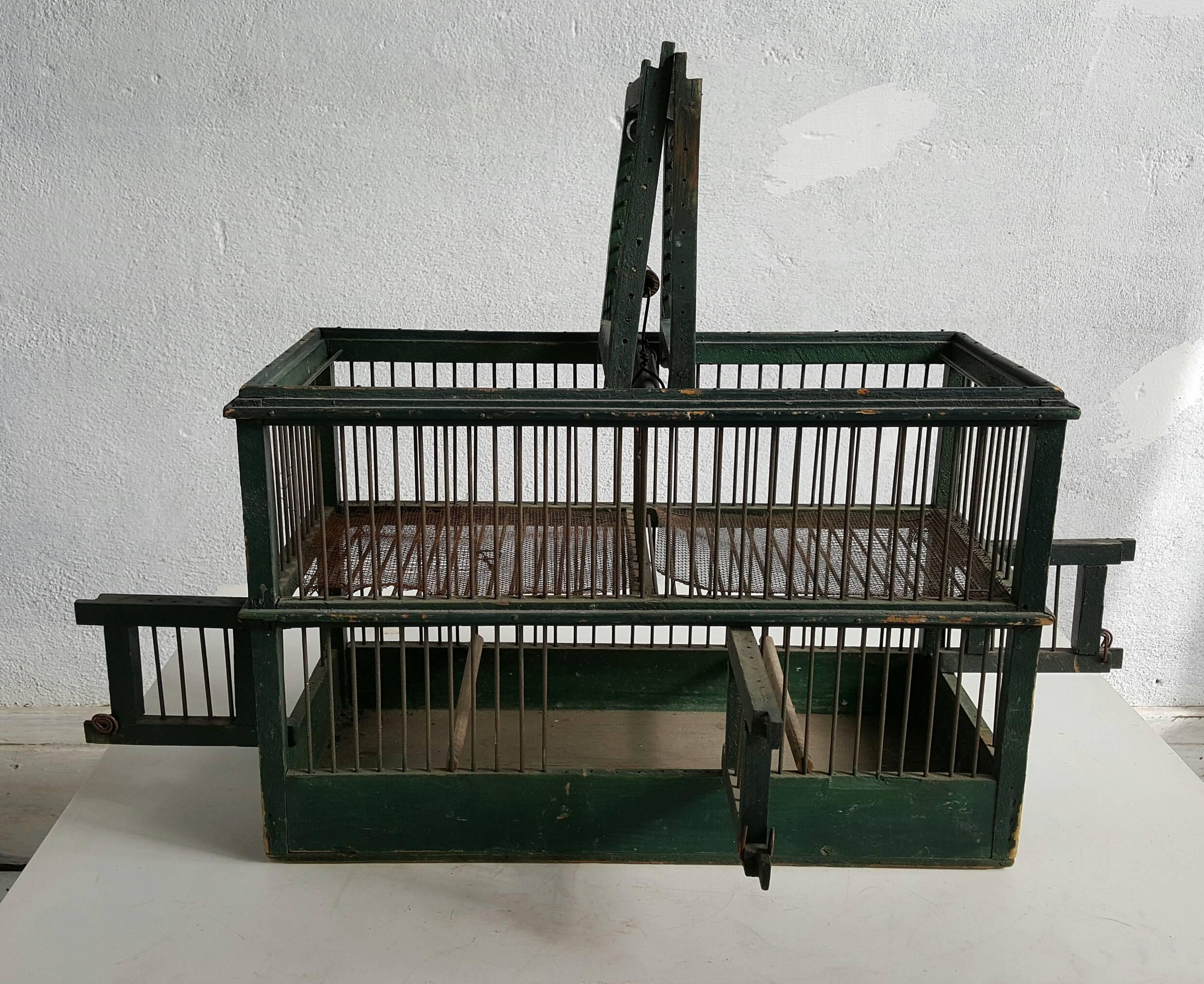 Charming Modernist Folk Art bird cage, great color and surface, handmade, five bird entries, double-decker design for optimal bird segregation.