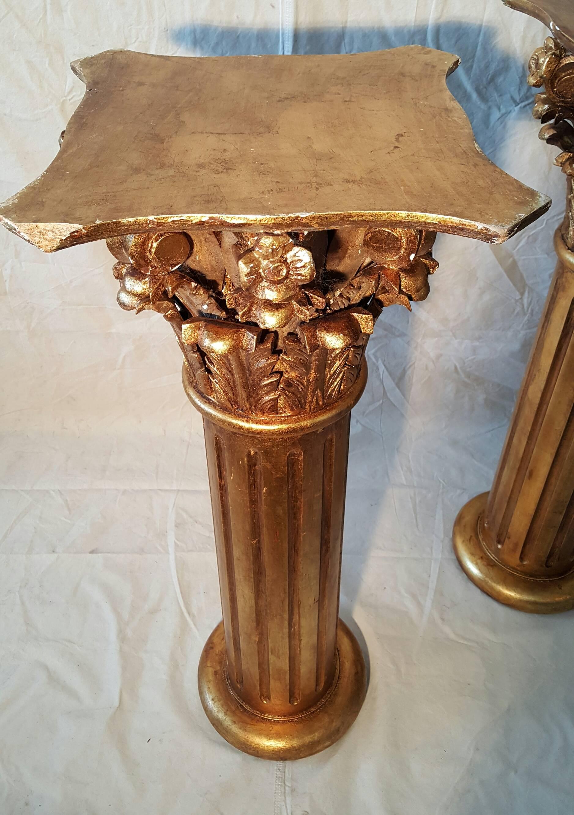 Gesso Large Matched Pair of Carved Wood Corinthian Column Pedistals, Gilded, Italy
