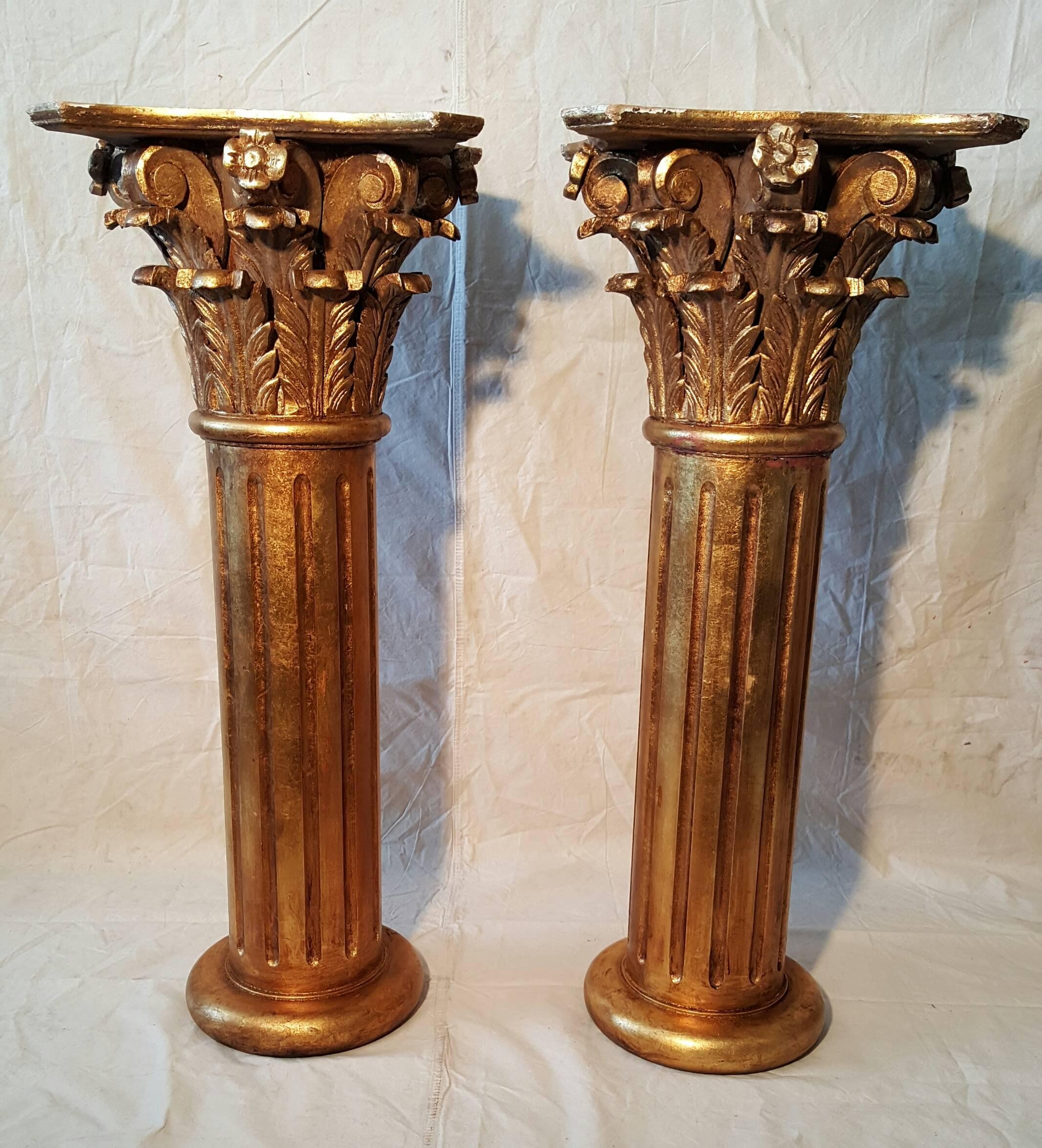 Large Matched Pair of Carved Wood Corinthian Column Pedistals, Gilded, Italy In Good Condition In Buffalo, NY
