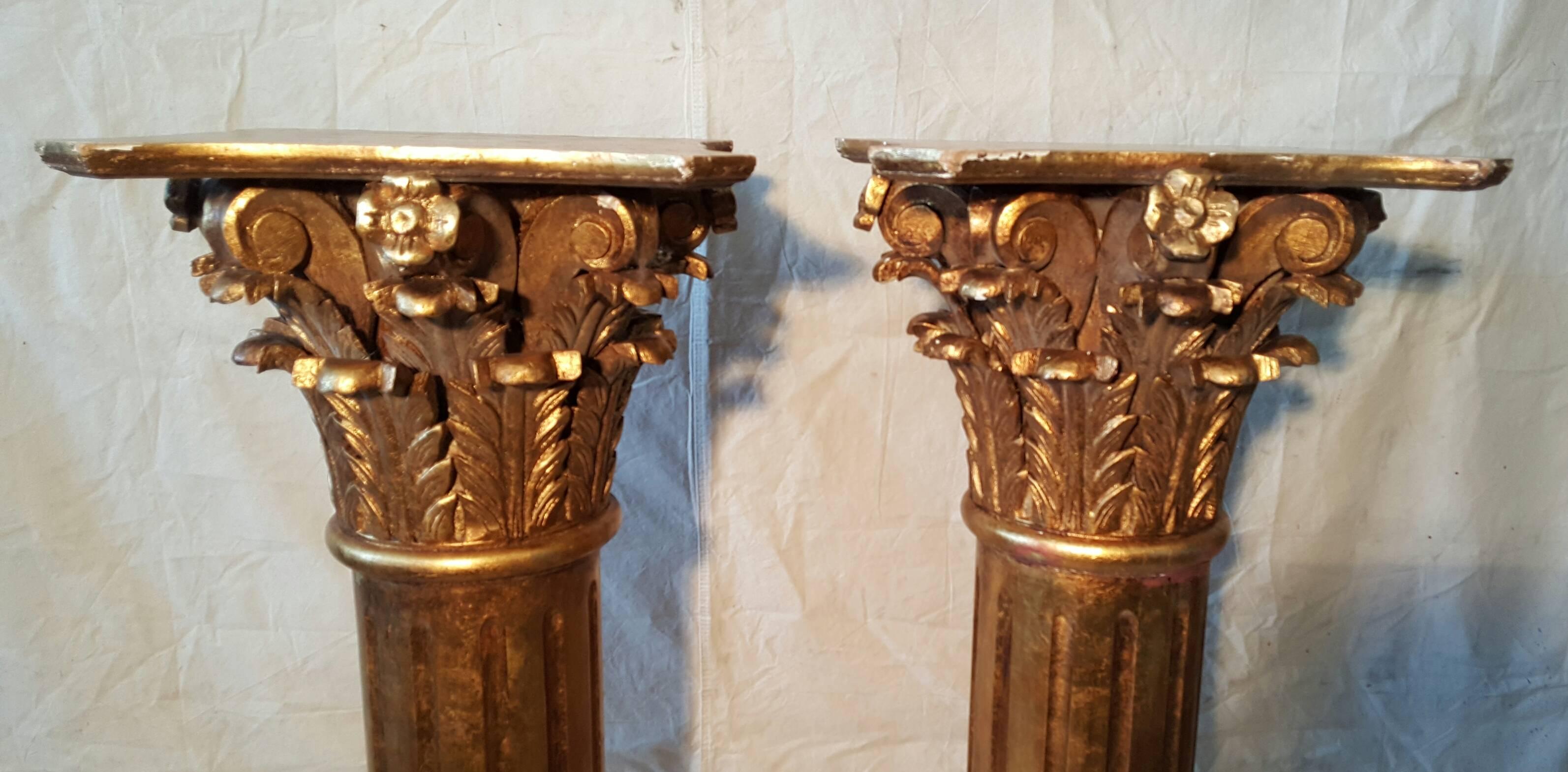 Italian Large Matched Pair of Carved Wood Corinthian Column Pedistals, Gilded, Italy