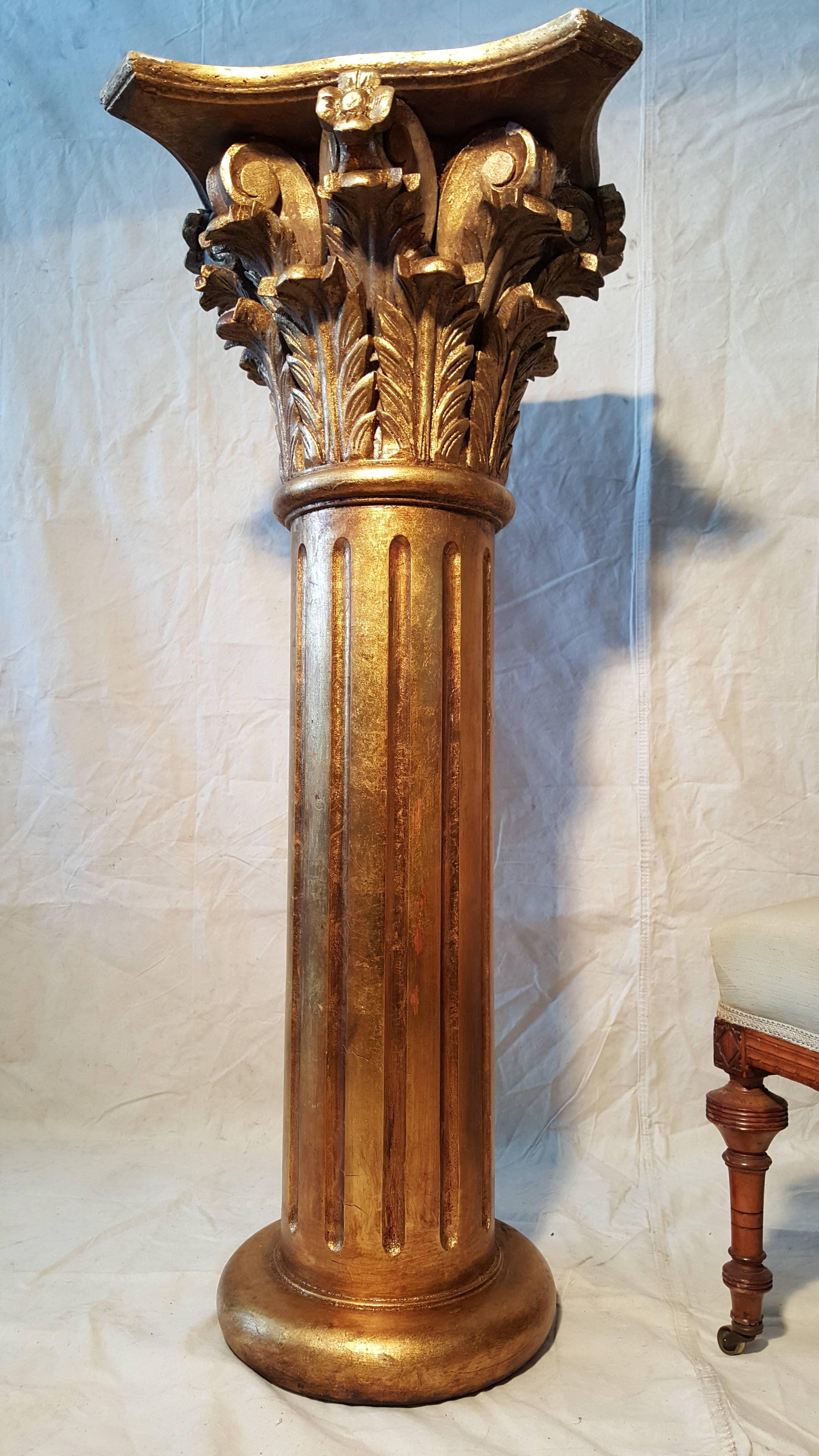 Neoclassical Large Matched Pair of Carved Wood Corinthian Column Pedistals, Gilded, Italy