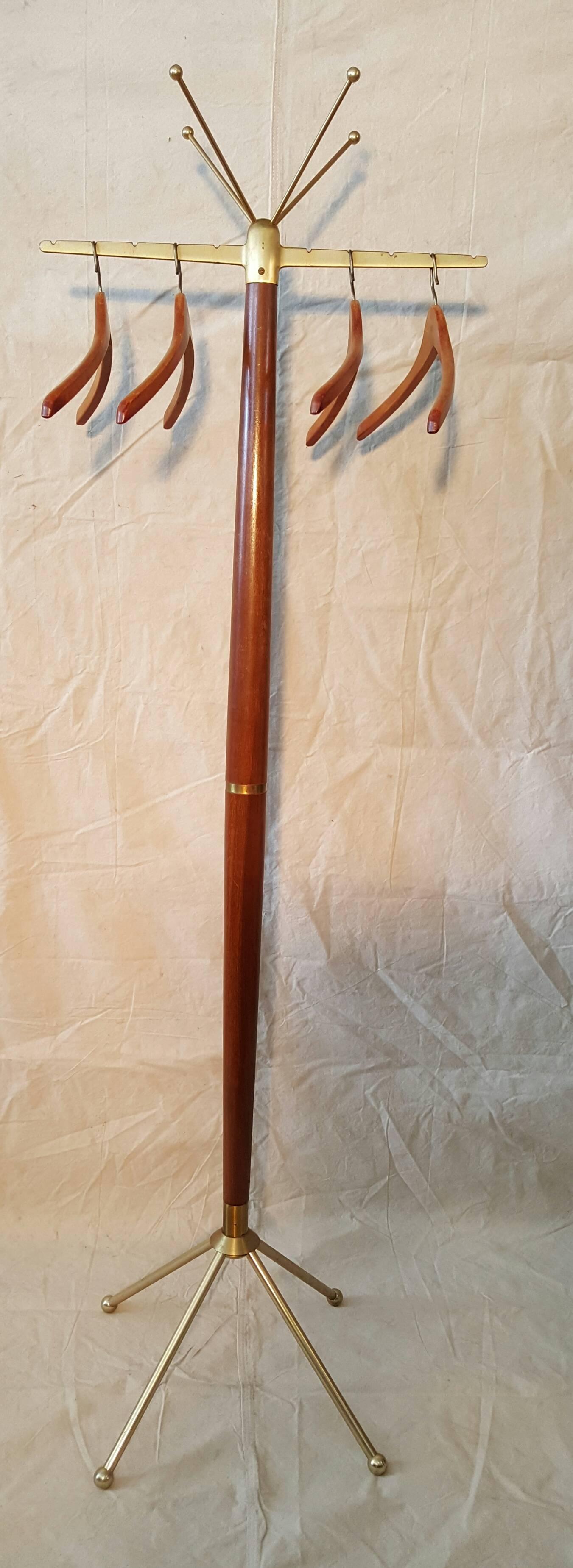 20th Century Gio Ponti Style Brass and Wood Coat Stand