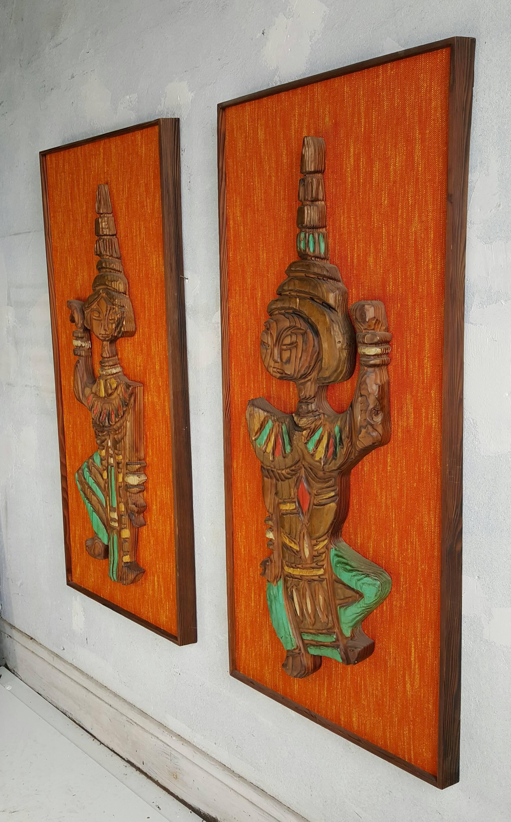 Carved Monumental Mid-Century Modern Witco Teki Wall Plaques 