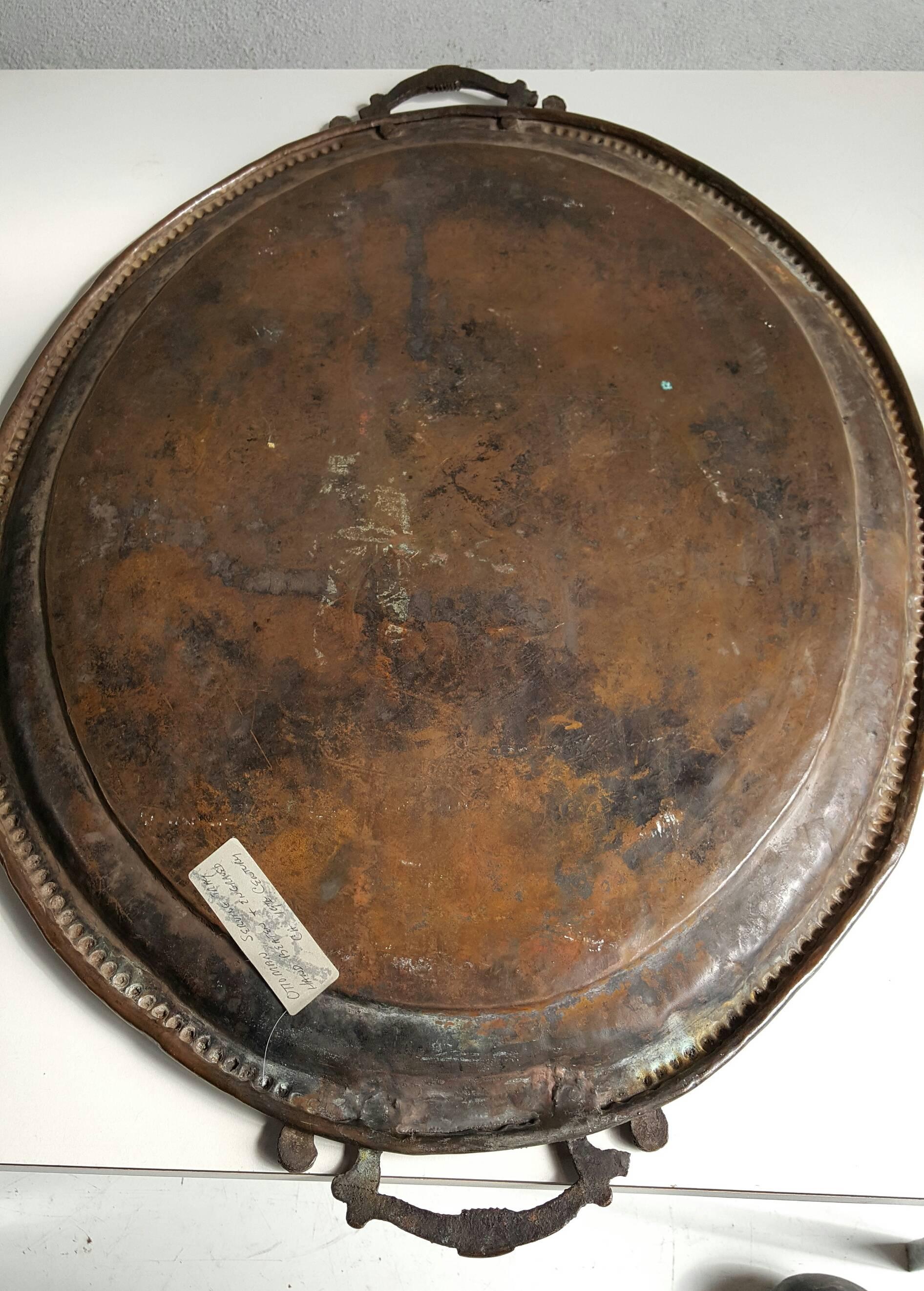 Copper Monumental Antique Mid-Eastern Hammered and Engraved Kettle and Tray