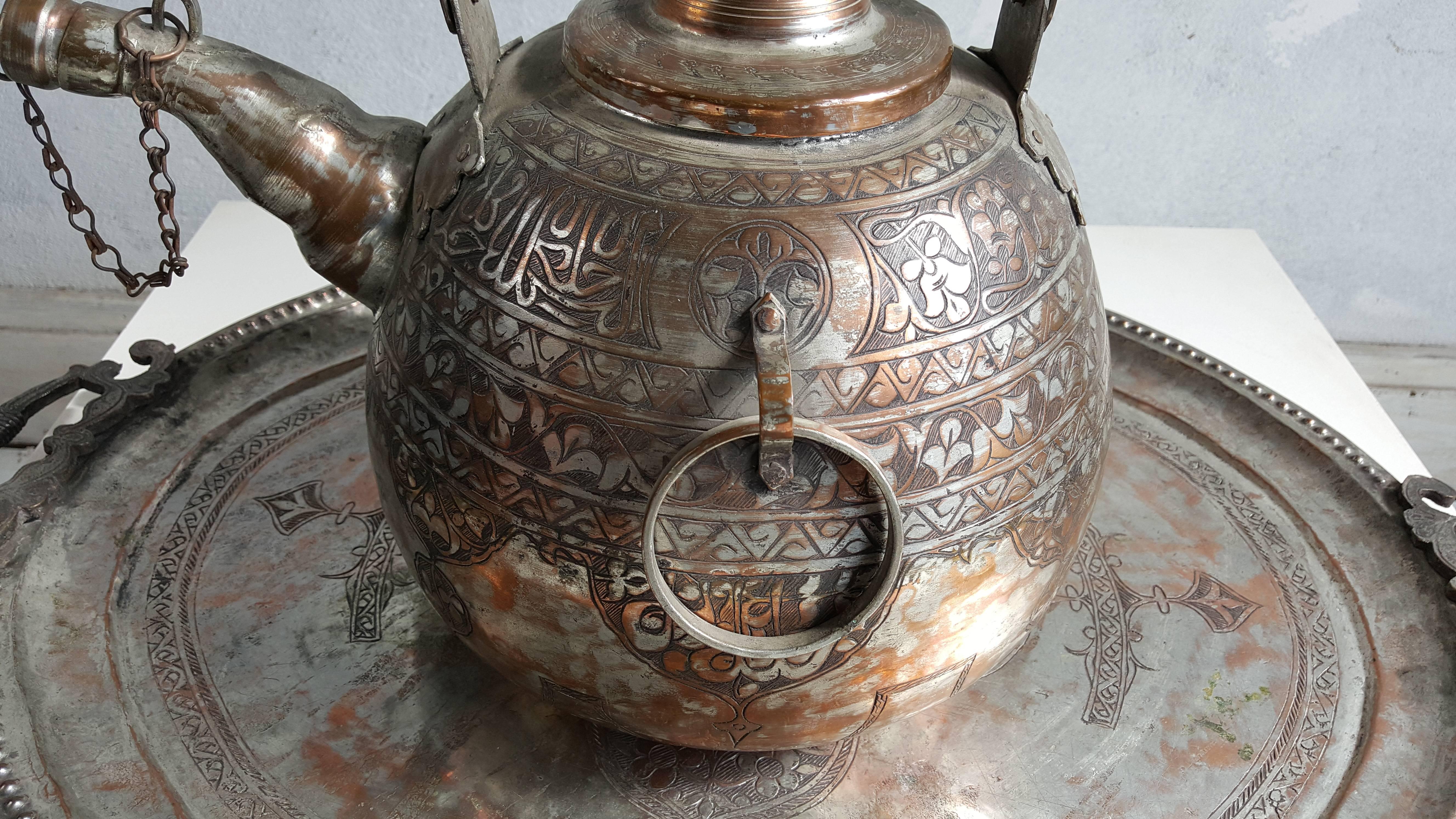 Monumental Antique Mid-Eastern Hammered and Engraved Kettle and Tray 1
