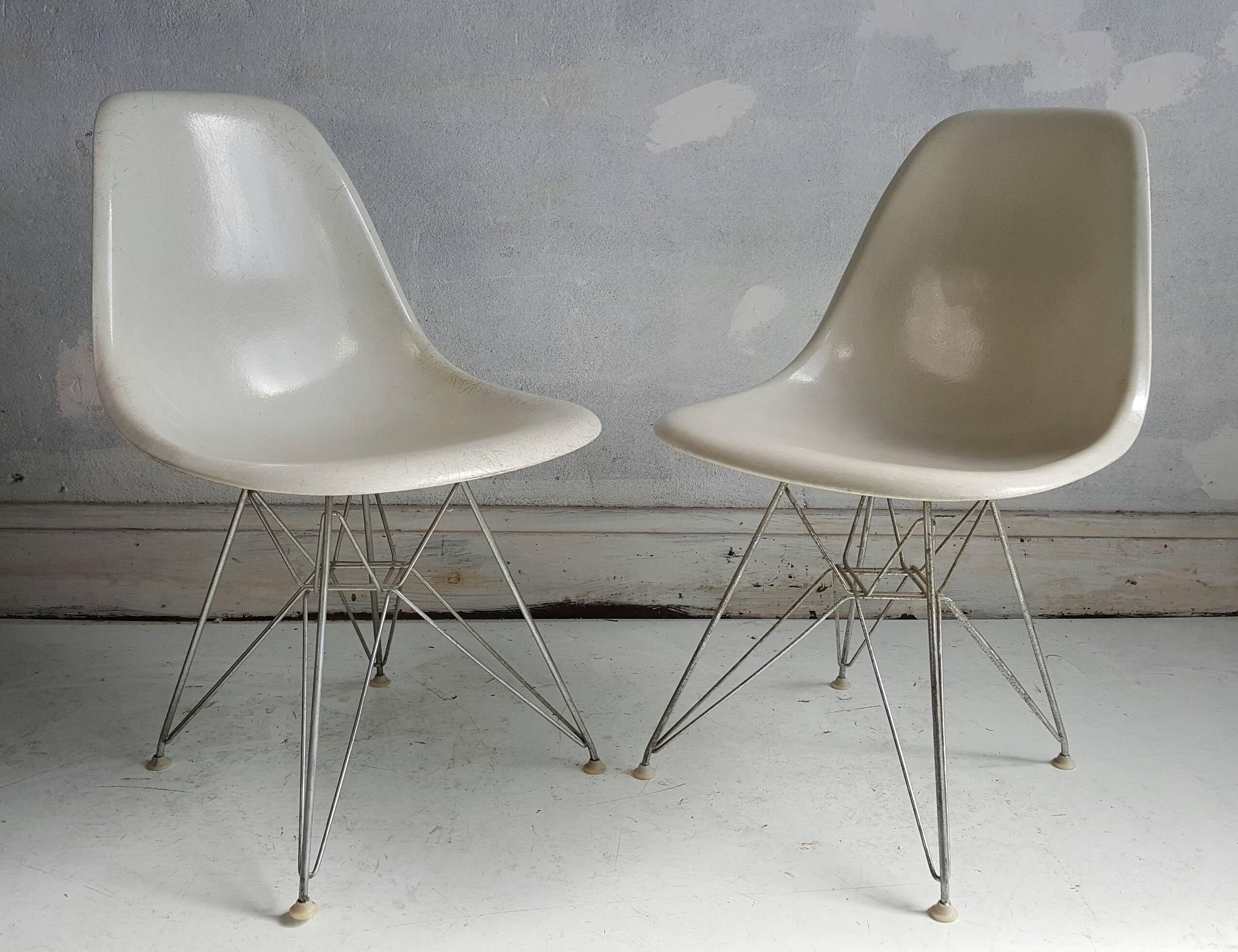 Fiberglass Eames Shell Chairs on Original Eiffel Bases 1950s
