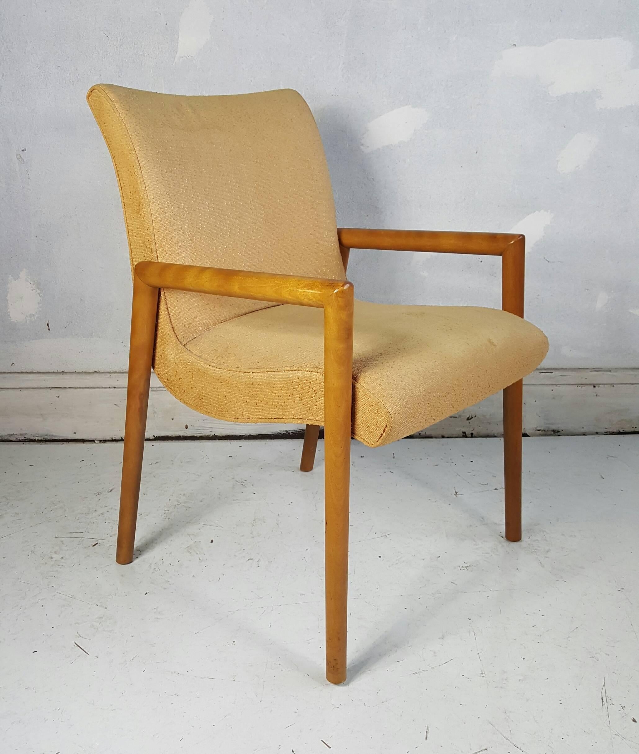 Set of four Russel Wright for Conant Ball dining chairs, Classic modernist design, set consists of three side chairs and one armchair. Retain original cloth fabric upholstery.