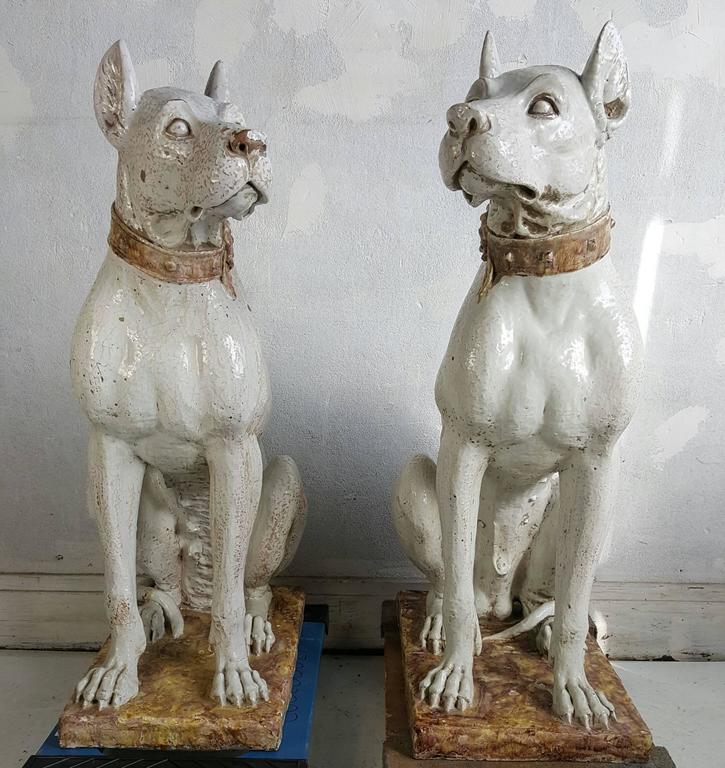Pair of Monumental 20th Century Glazed Terra Cotta Dog Sculptures