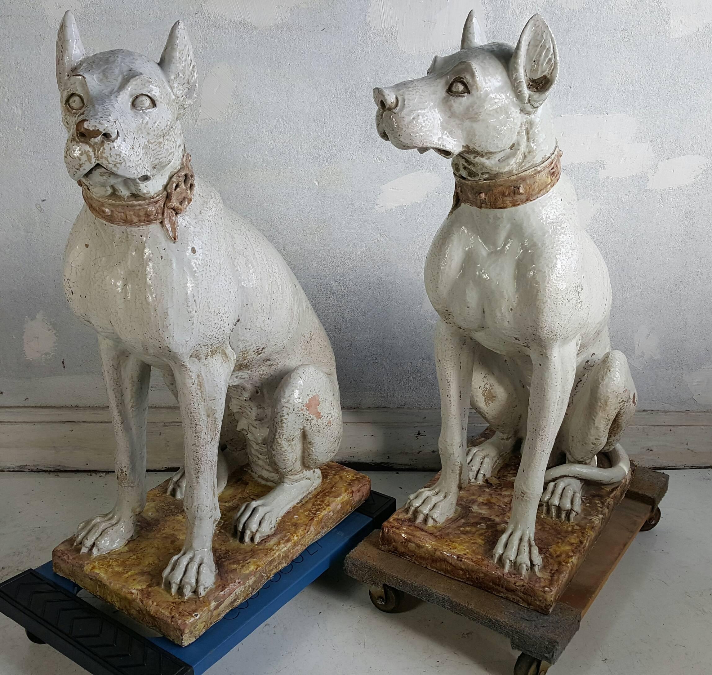 Hand-Painted Pair of Monumental 20th Century Glazed Terra Cotta Dog Sculptures, Italy